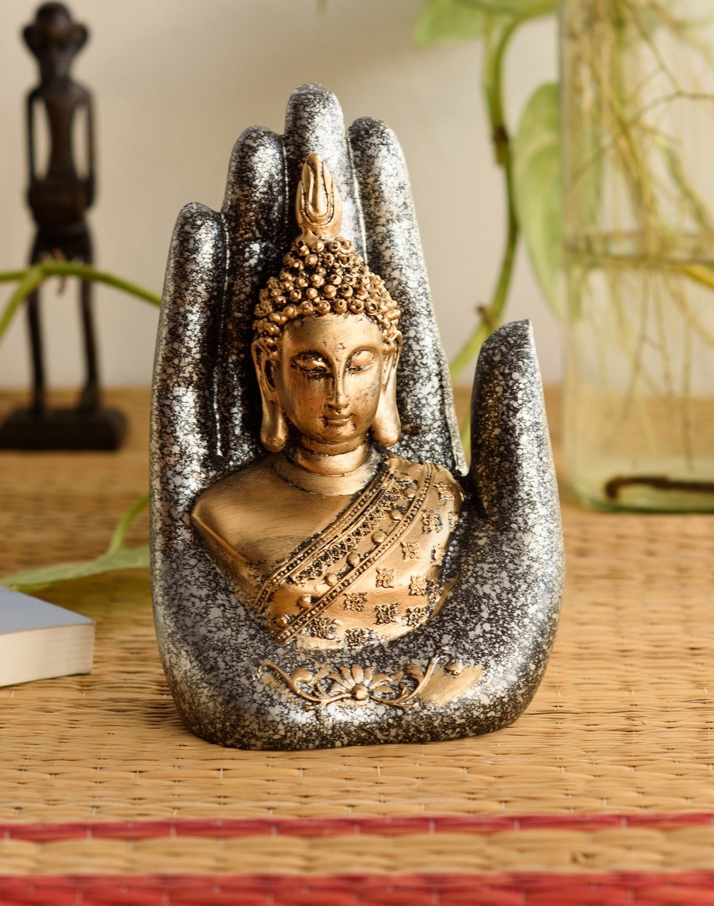 Polyresin Silver and Golden Handcrafted Palm Buddha statue