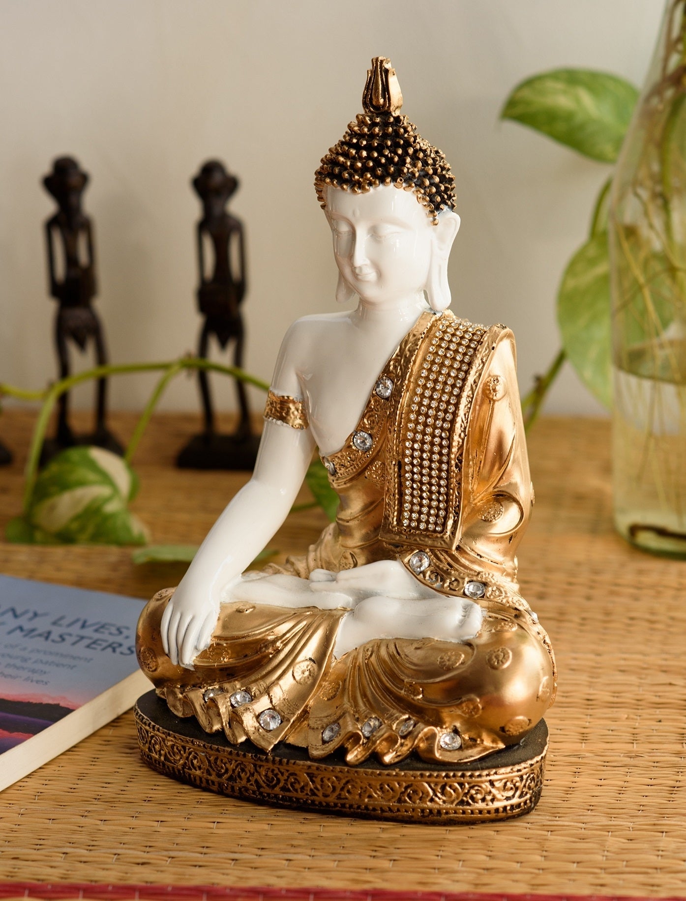 Polyresin White and Golden Handcrafted Decorative Meditating Buddha Statue