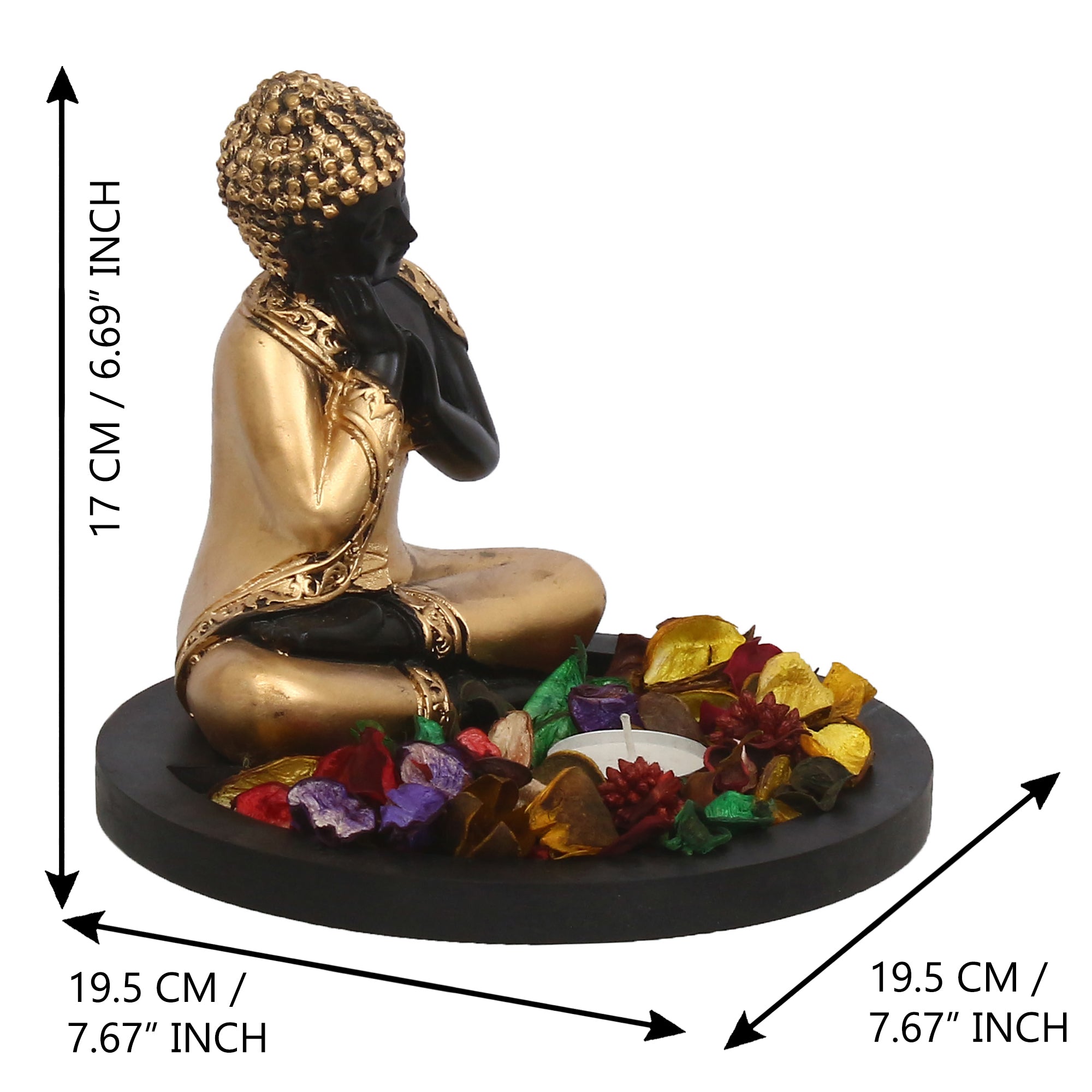 Polyresin Black and Golden Resting Buddha Statue with Wooden Base, Fragranced Petals and Tealight 1