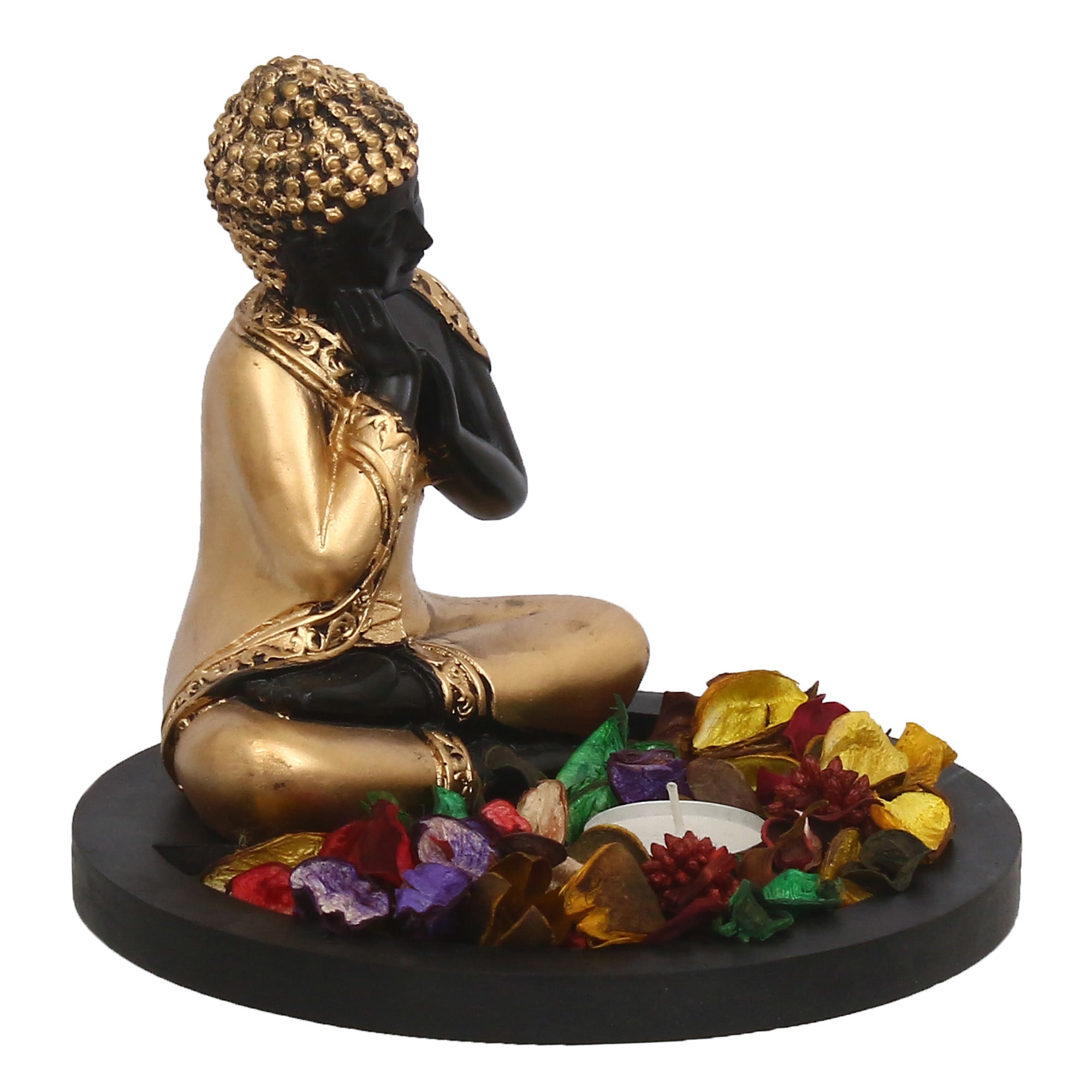 Polyresin Black and Golden Resting Buddha Statue with Wooden Base, Fragranced Petals and Tealight 2