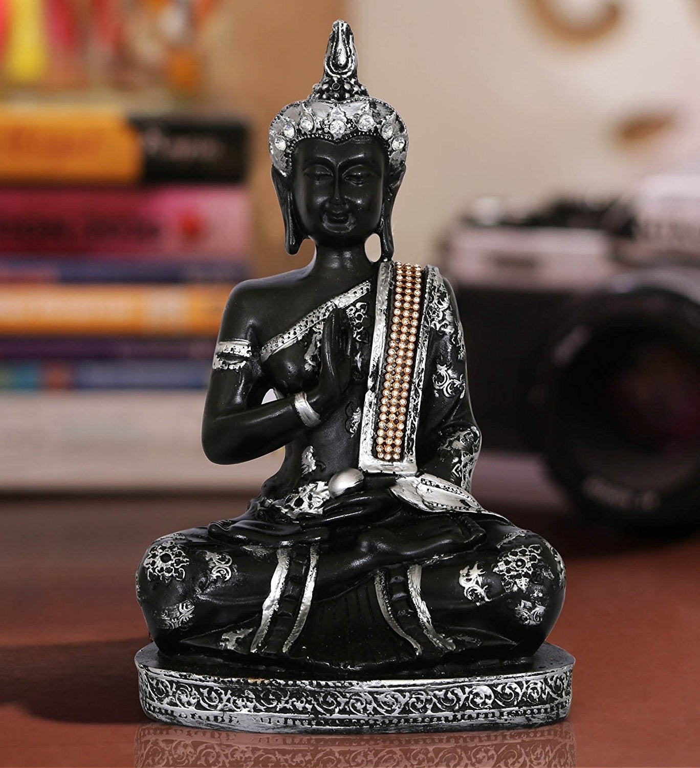 Handcrafted Decorative Meditating Buddha (Size - 25CmxSilver and BlackxPolyresin), 1 Lord Buddha Idol