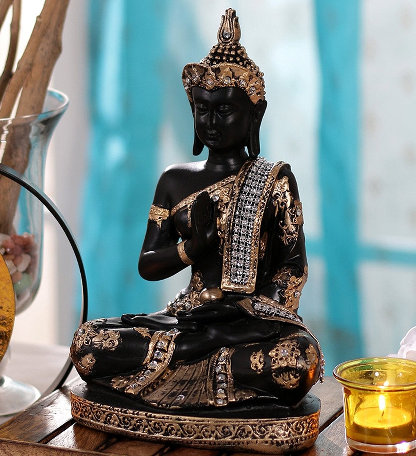 Handcrafted Decorative Meditating Buddha (Size - 25CmxGolden and BlackxPolyresin), 1 Lord Buddha Idol