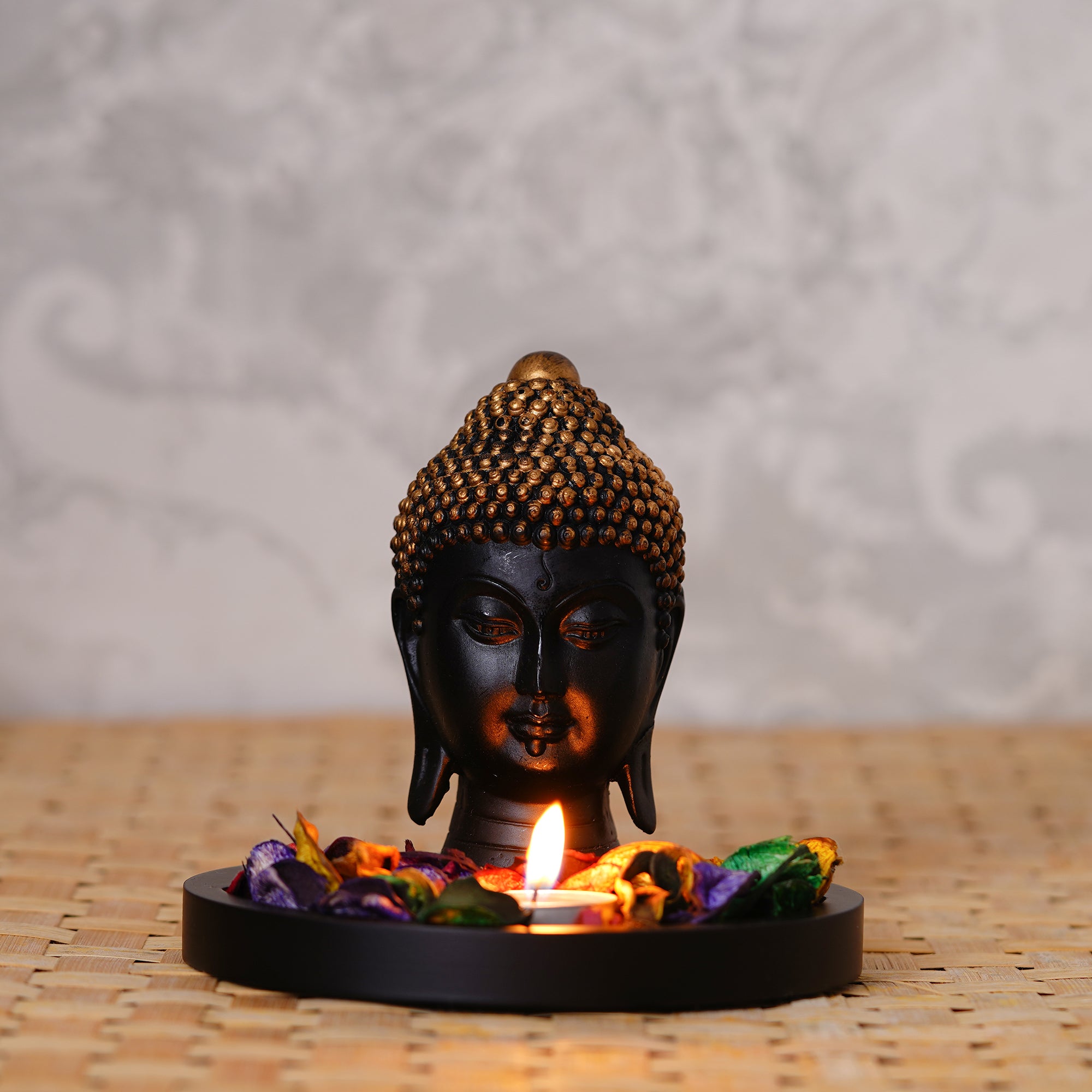 Decorative Black and Golden Buddha Head Statue with Wooden Base, Fragranced Petals and Tealight