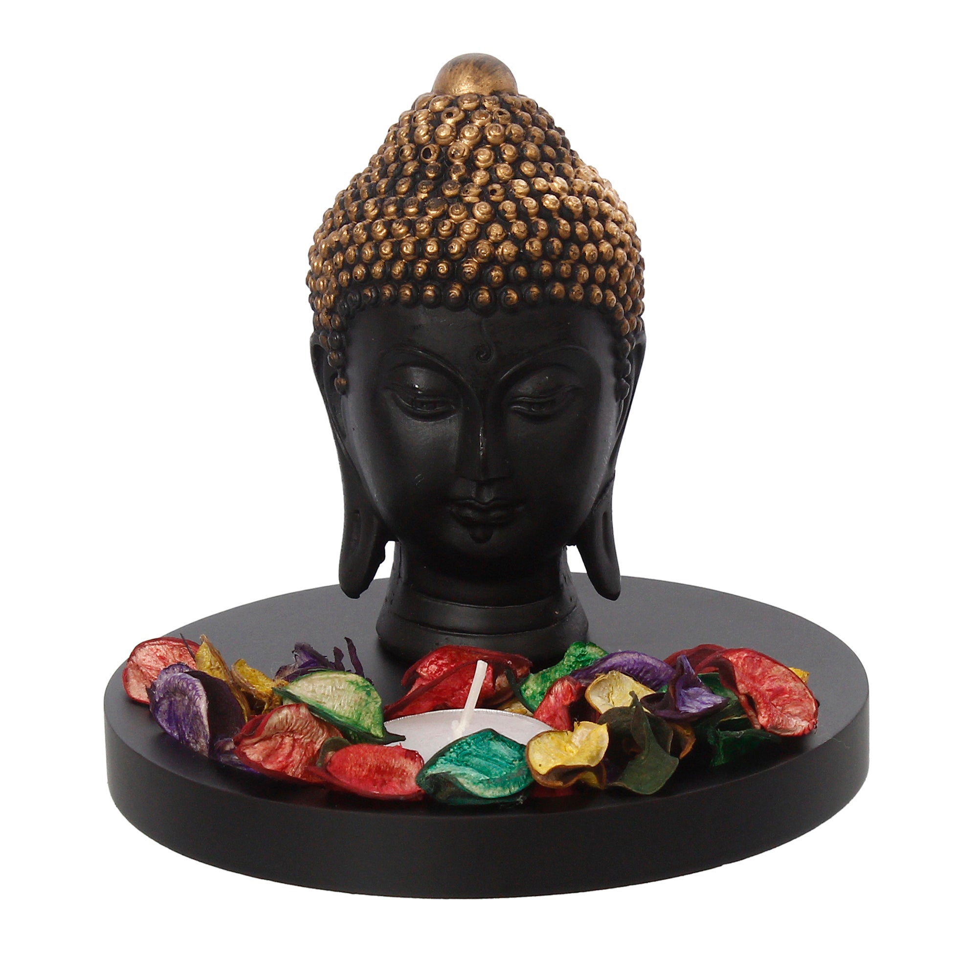 Decorative Black and Golden Buddha Head Statue with Wooden Base, Fragranced Petals and Tealight 2