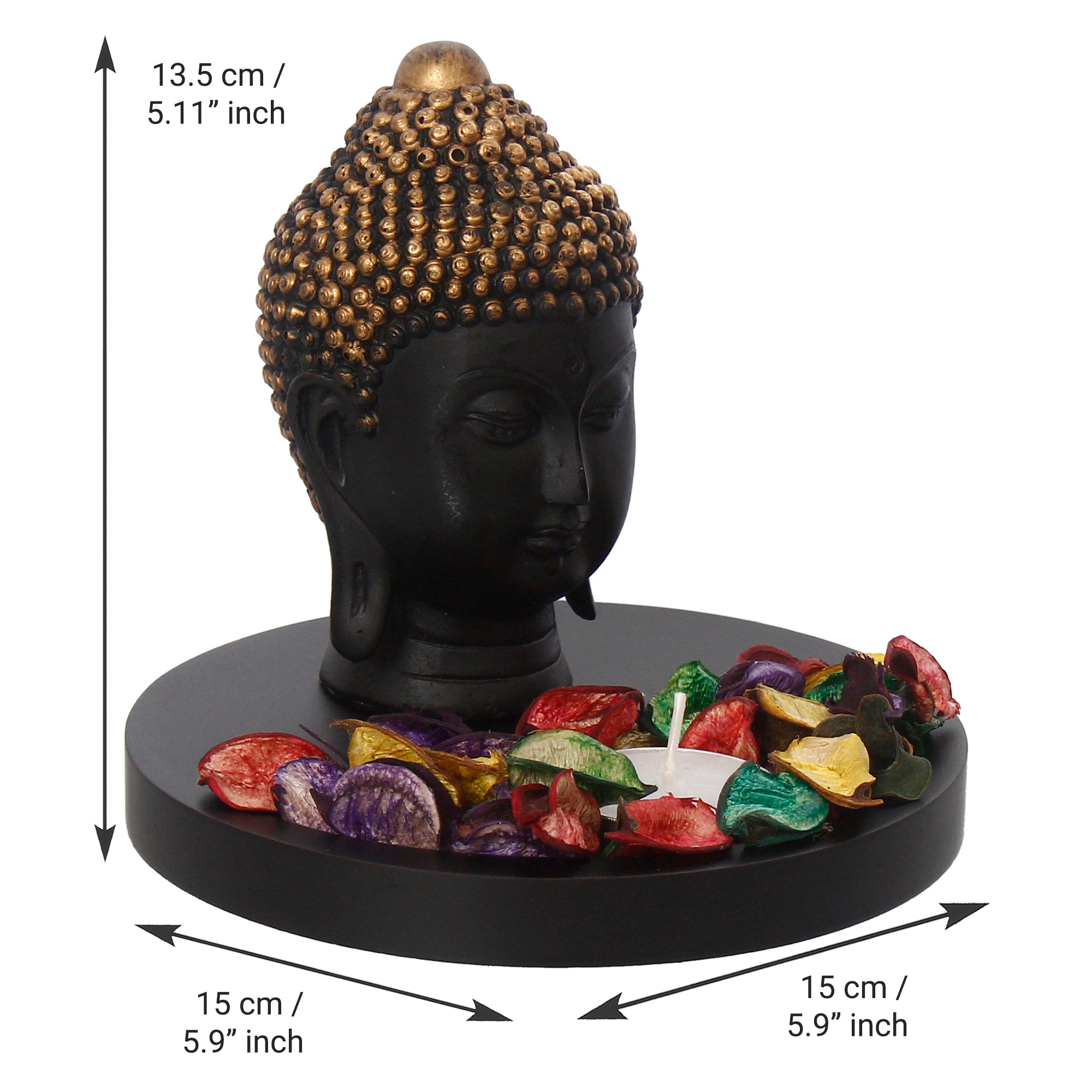 Decorative Black and Golden Buddha Head Statue with Wooden Base, Fragranced Petals and Tealight 3