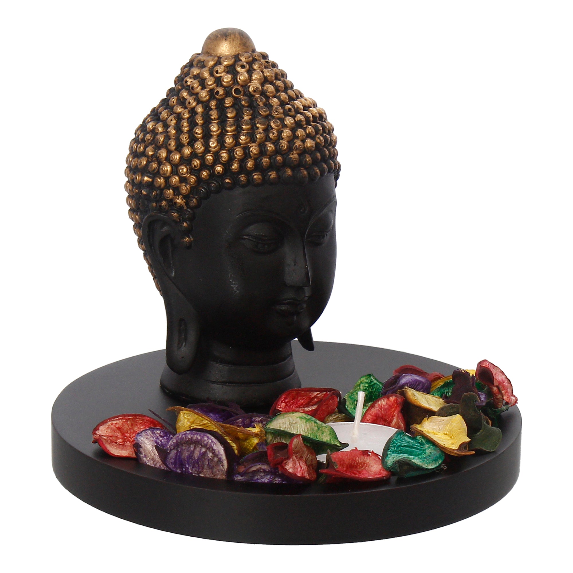 Decorative Black and Golden Buddha Head Statue with Wooden Base, Fragranced Petals and Tealight 4
