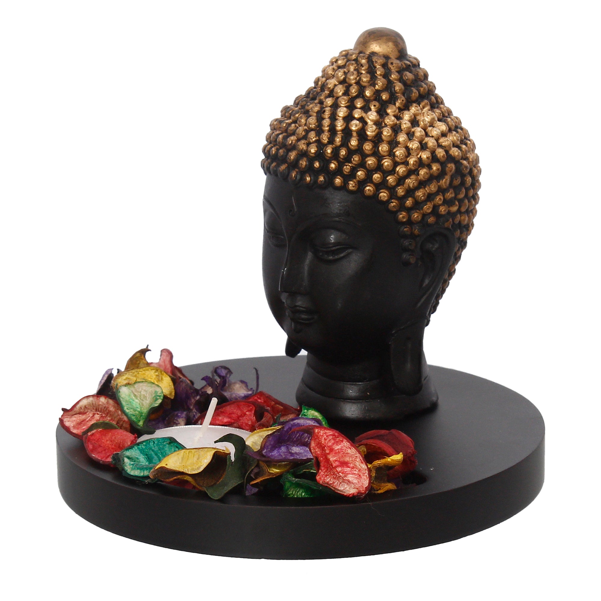 Decorative Black and Golden Buddha Head Statue with Wooden Base, Fragranced Petals and Tealight 5