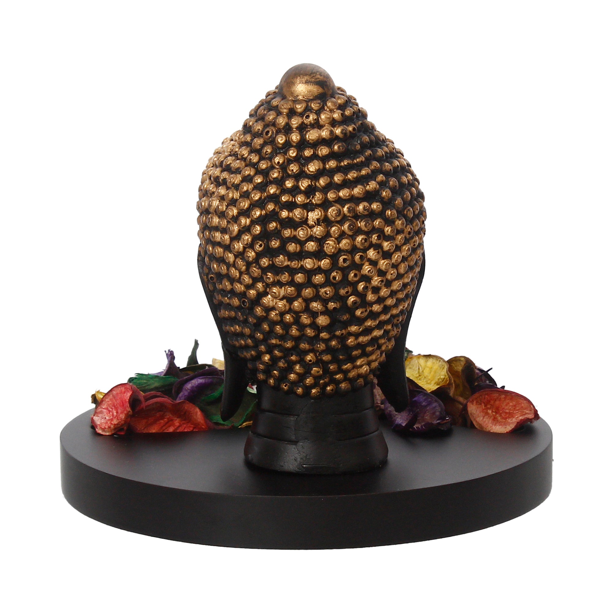 Decorative Black and Golden Buddha Head Statue with Wooden Base, Fragranced Petals and Tealight 6