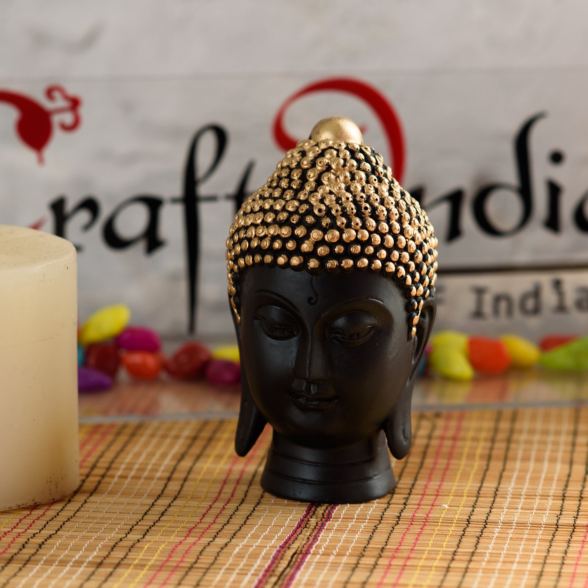Polyresin Handcrafted Black And Golden Meditating Buddha Face Statue