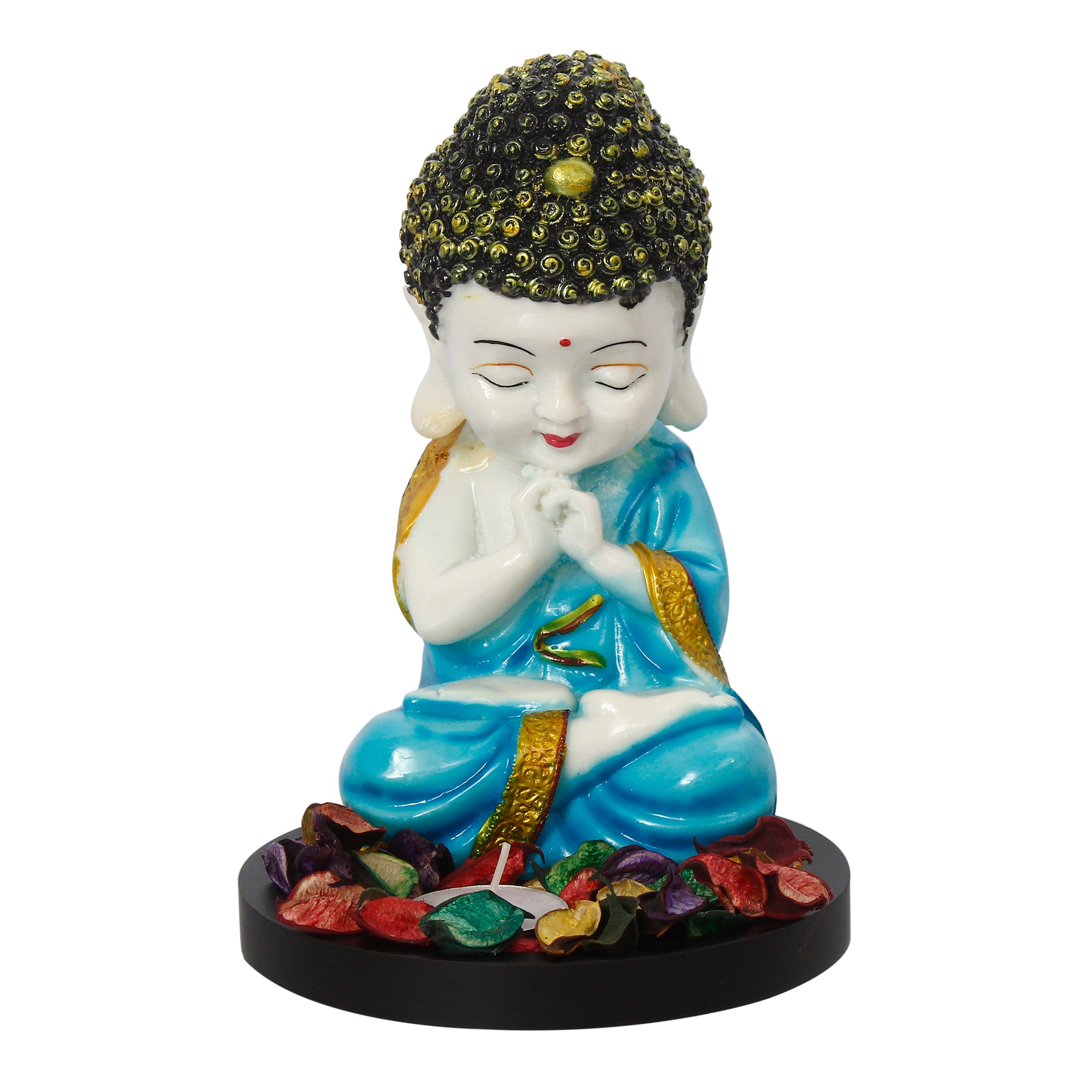 Polyresin Blue and White Praying Monk Buddha Statue with Wooden Base, Fragranced Petals and Tealight 2