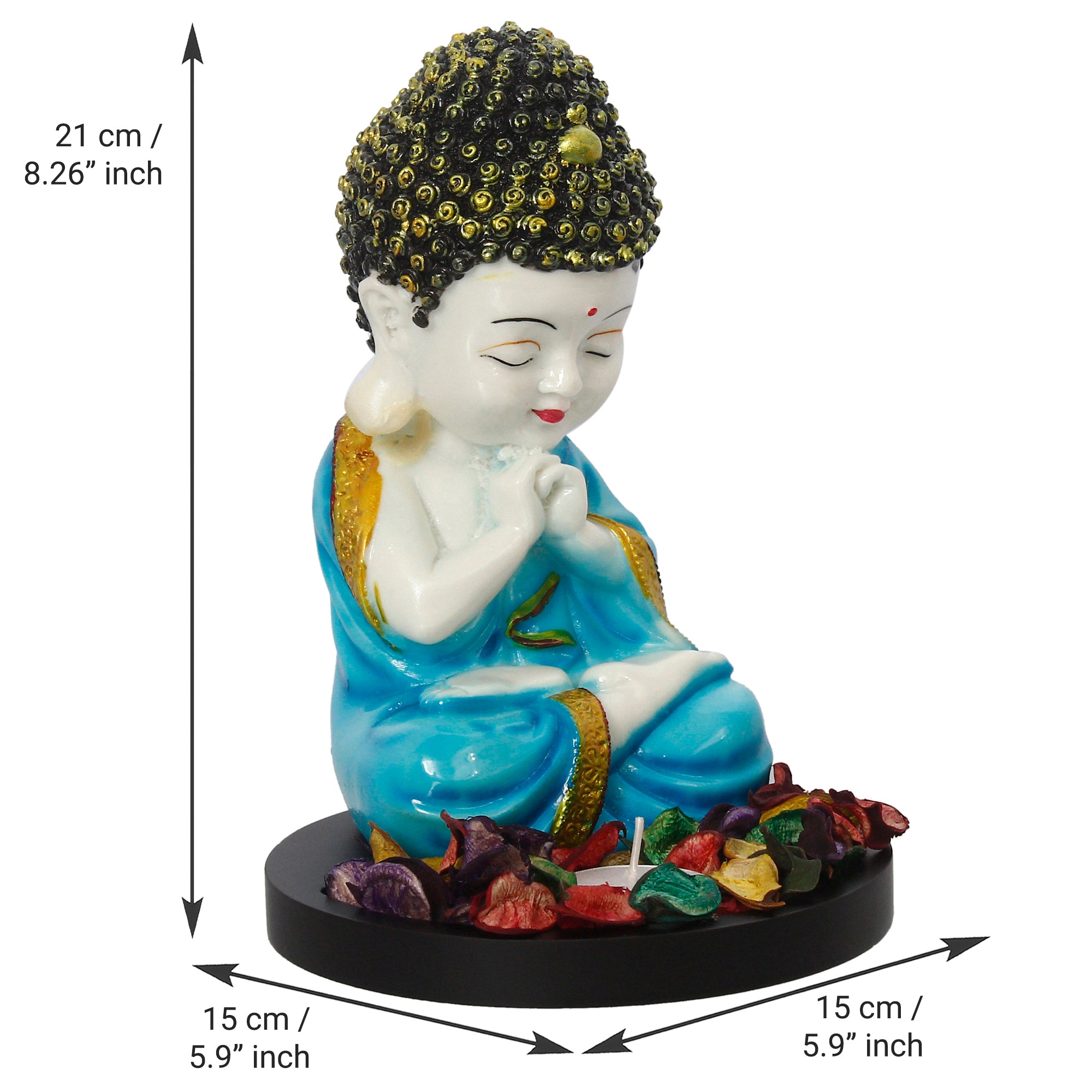 Polyresin Blue and White Praying Monk Buddha Statue with Wooden Base, Fragranced Petals and Tealight 3