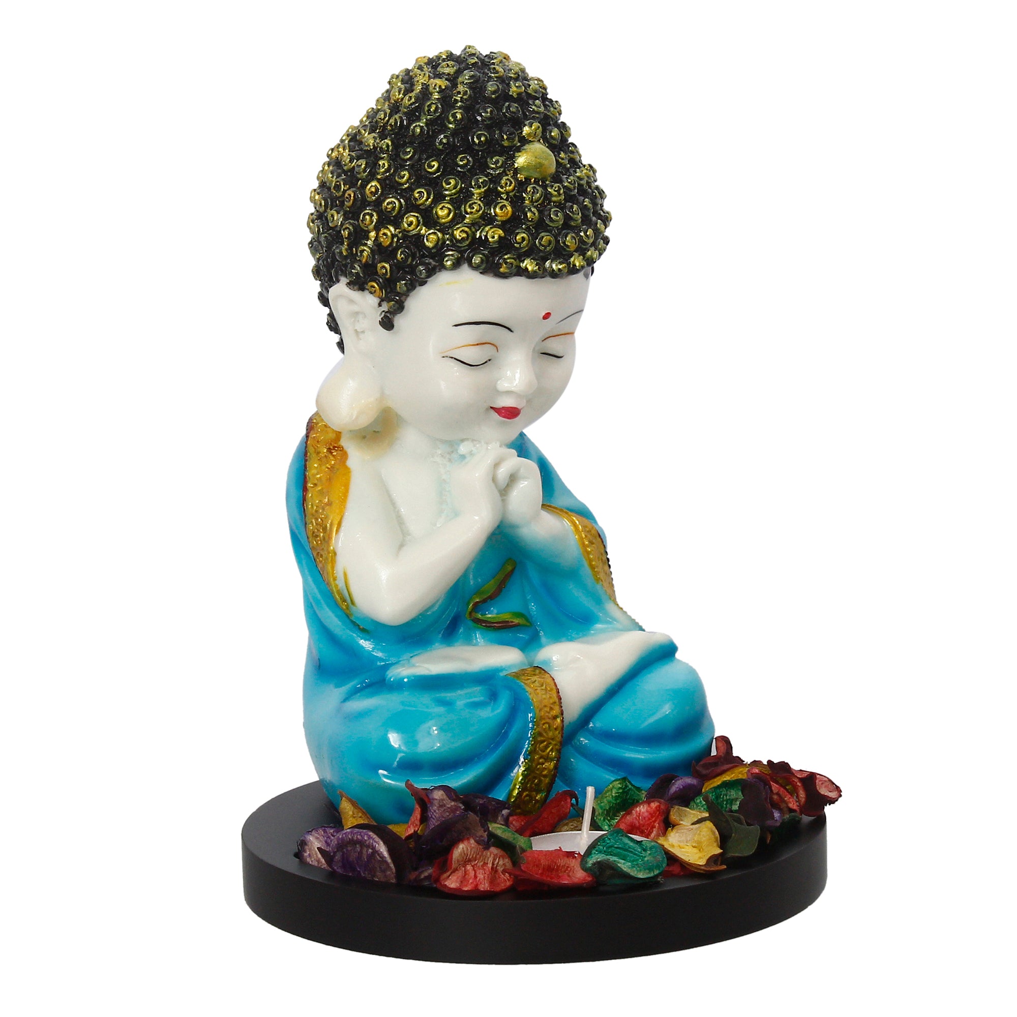Polyresin Blue and White Praying Monk Buddha Statue with Wooden Base, Fragranced Petals and Tealight 4