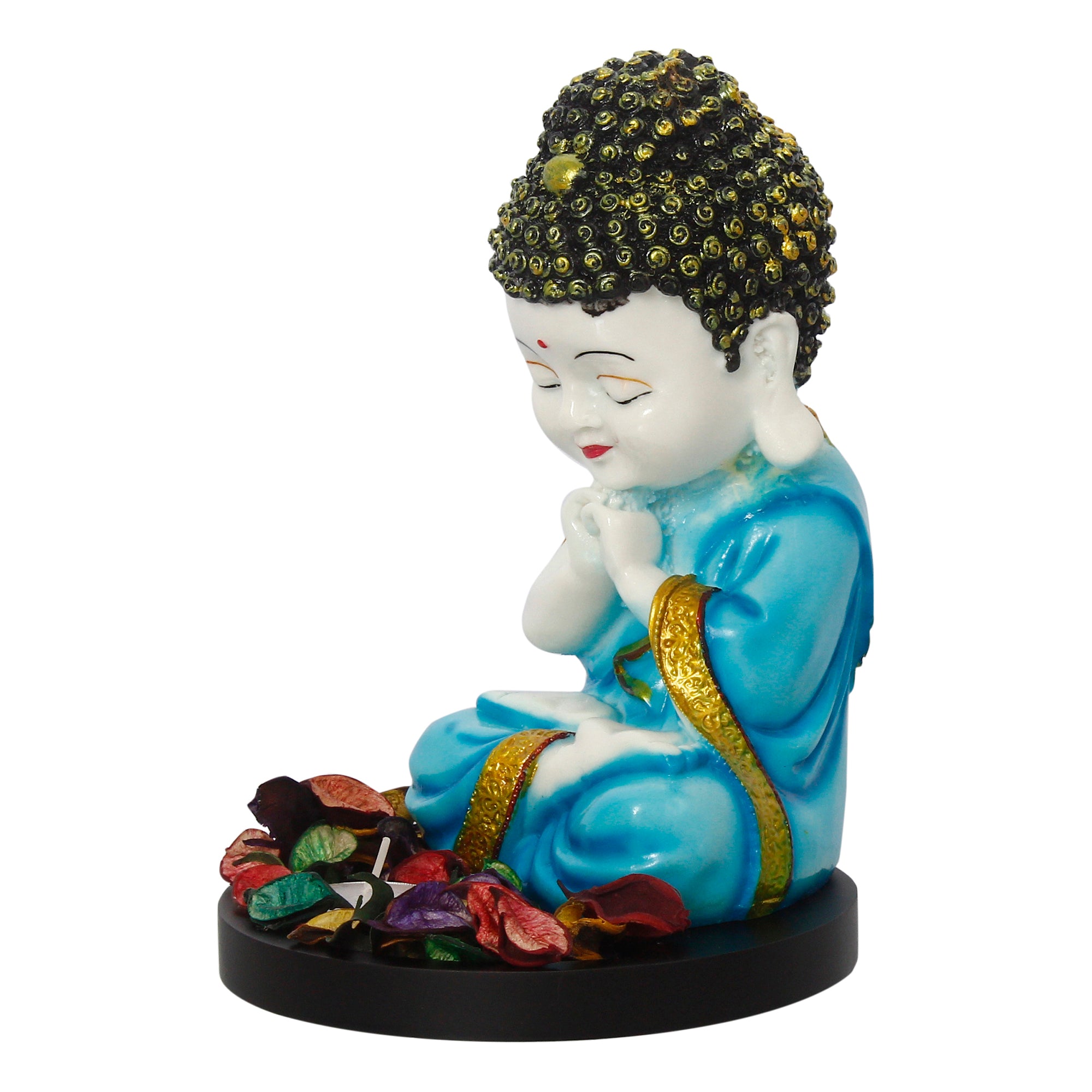 Polyresin Blue and White Praying Monk Buddha Statue with Wooden Base, Fragranced Petals and Tealight 5
