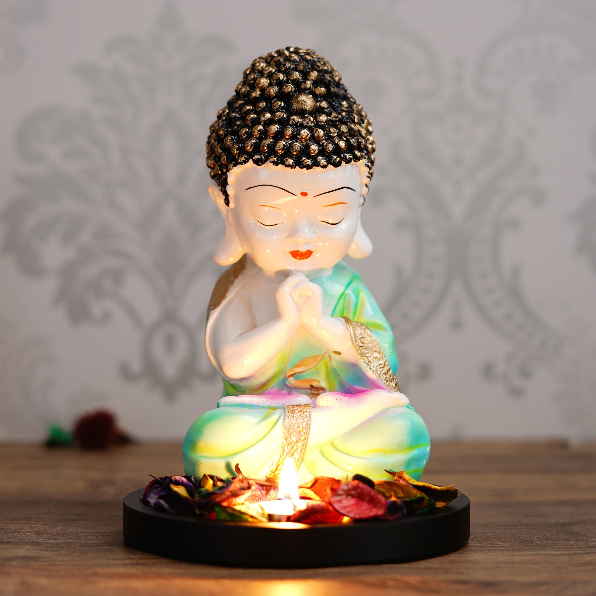 Polyresin Green and White Praying Monk Buddha Statue with Wooden Base, Fragranced Petals and Tealight 1