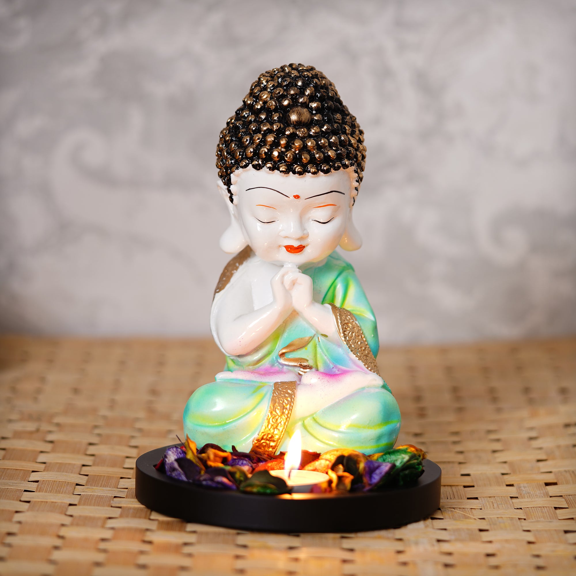 Polyresin Green and White Praying Monk Buddha Statue with Wooden Base, Fragranced Petals and Tealight