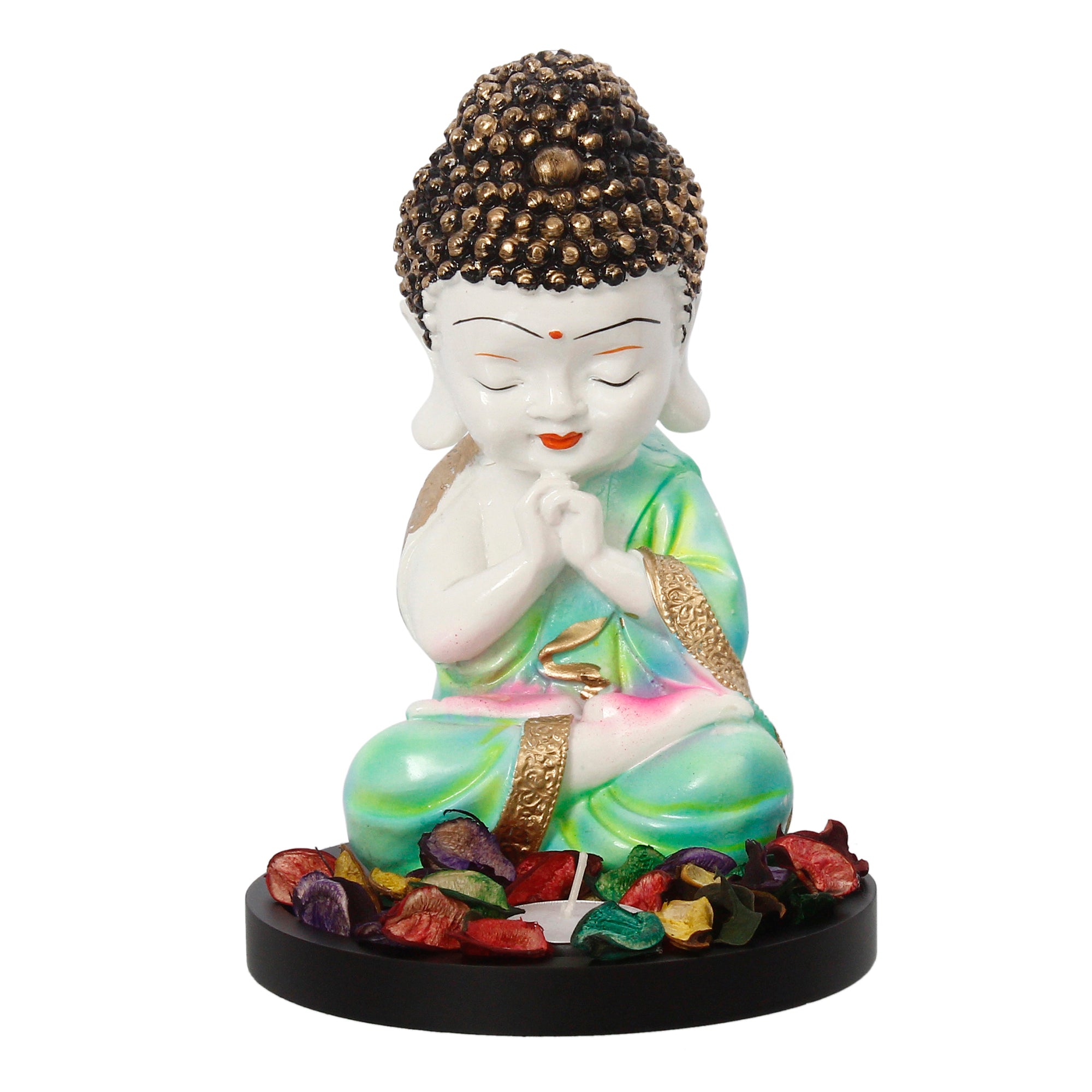 Polyresin Green and White Praying Monk Buddha Statue with Wooden Base, Fragranced Petals and Tealight 2