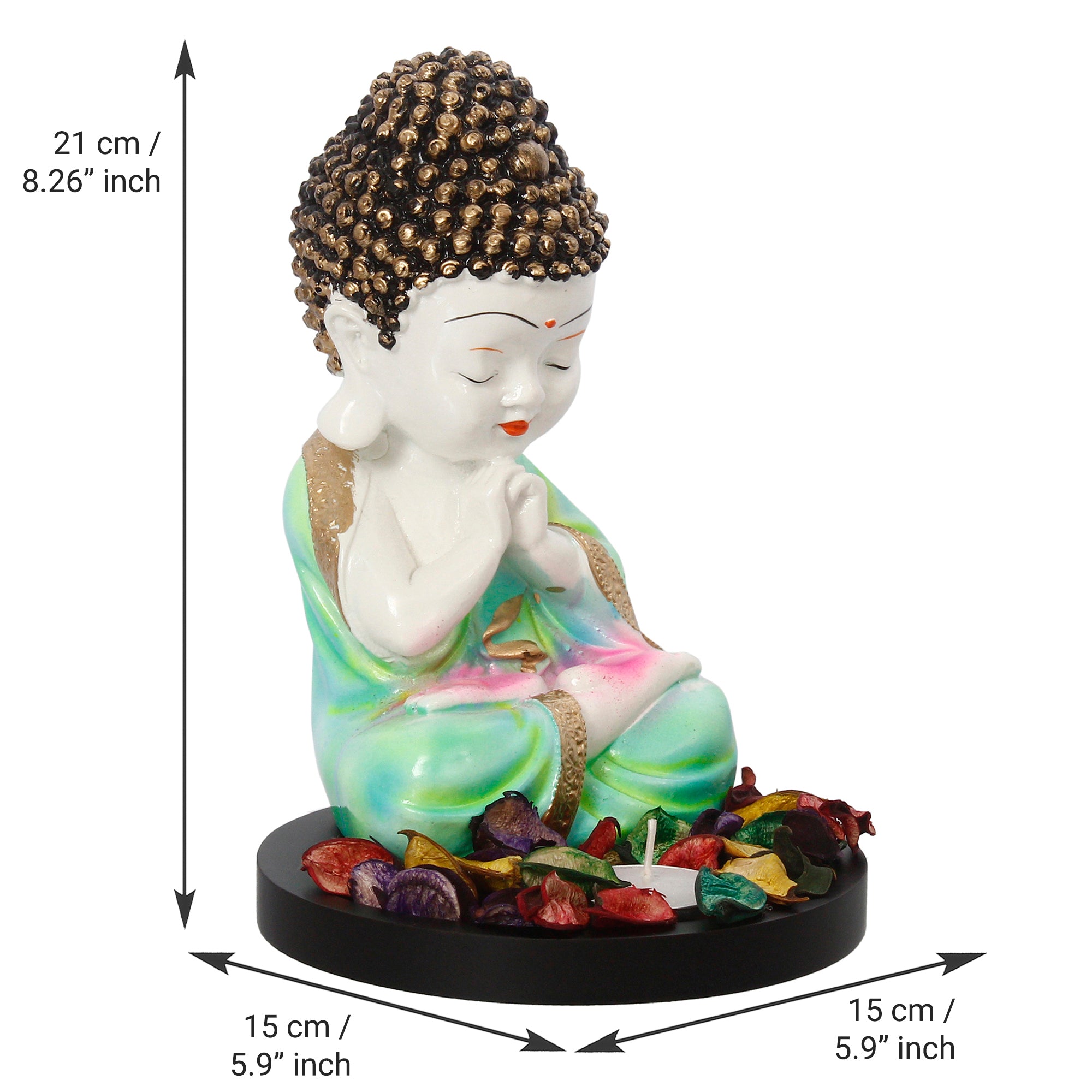 Polyresin Green and White Praying Monk Buddha Statue with Wooden Base, Fragranced Petals and Tealight 3