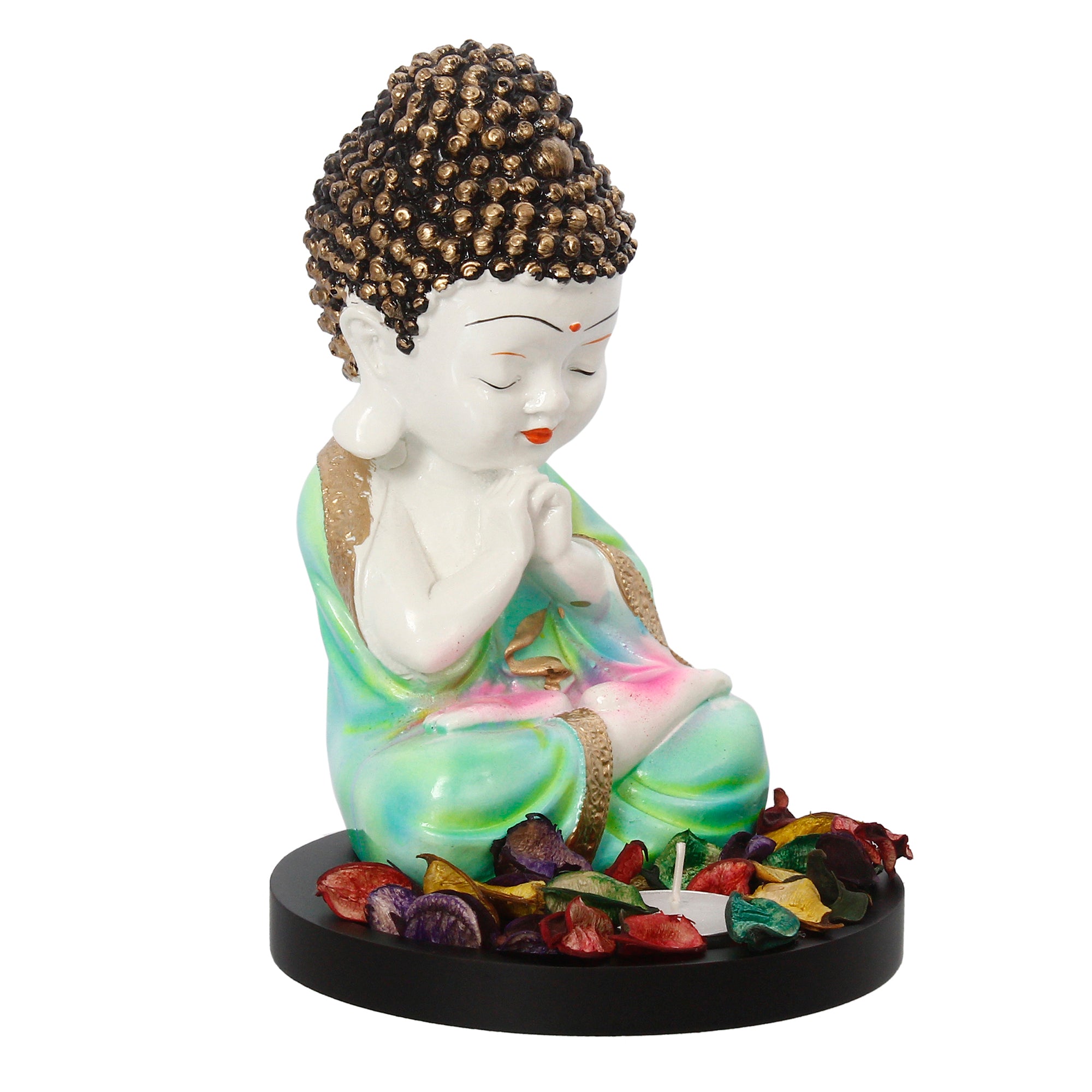 Polyresin Green and White Praying Monk Buddha Statue with Wooden Base, Fragranced Petals and Tealight 4