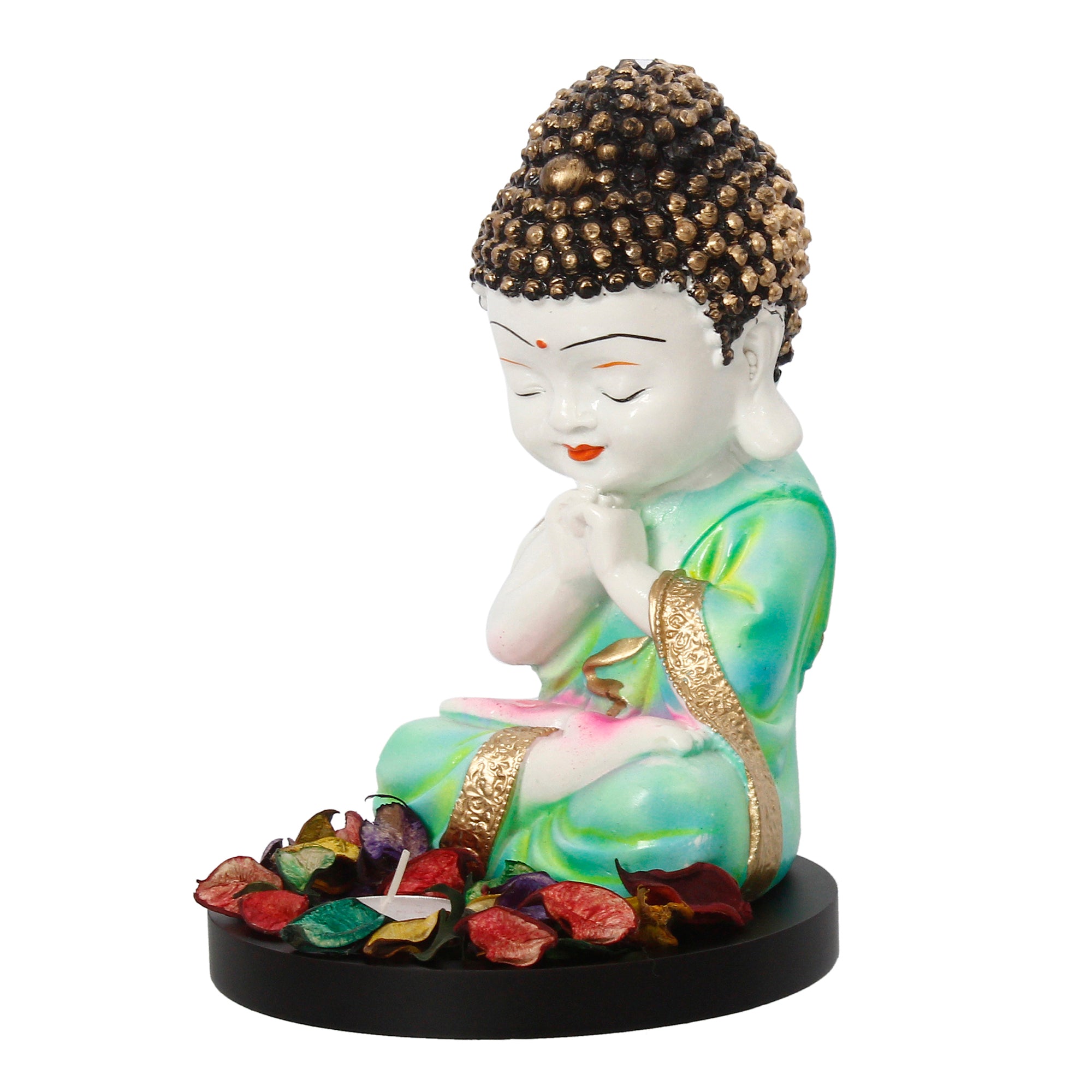 Polyresin Green and White Praying Monk Buddha Statue with Wooden Base, Fragranced Petals and Tealight 5