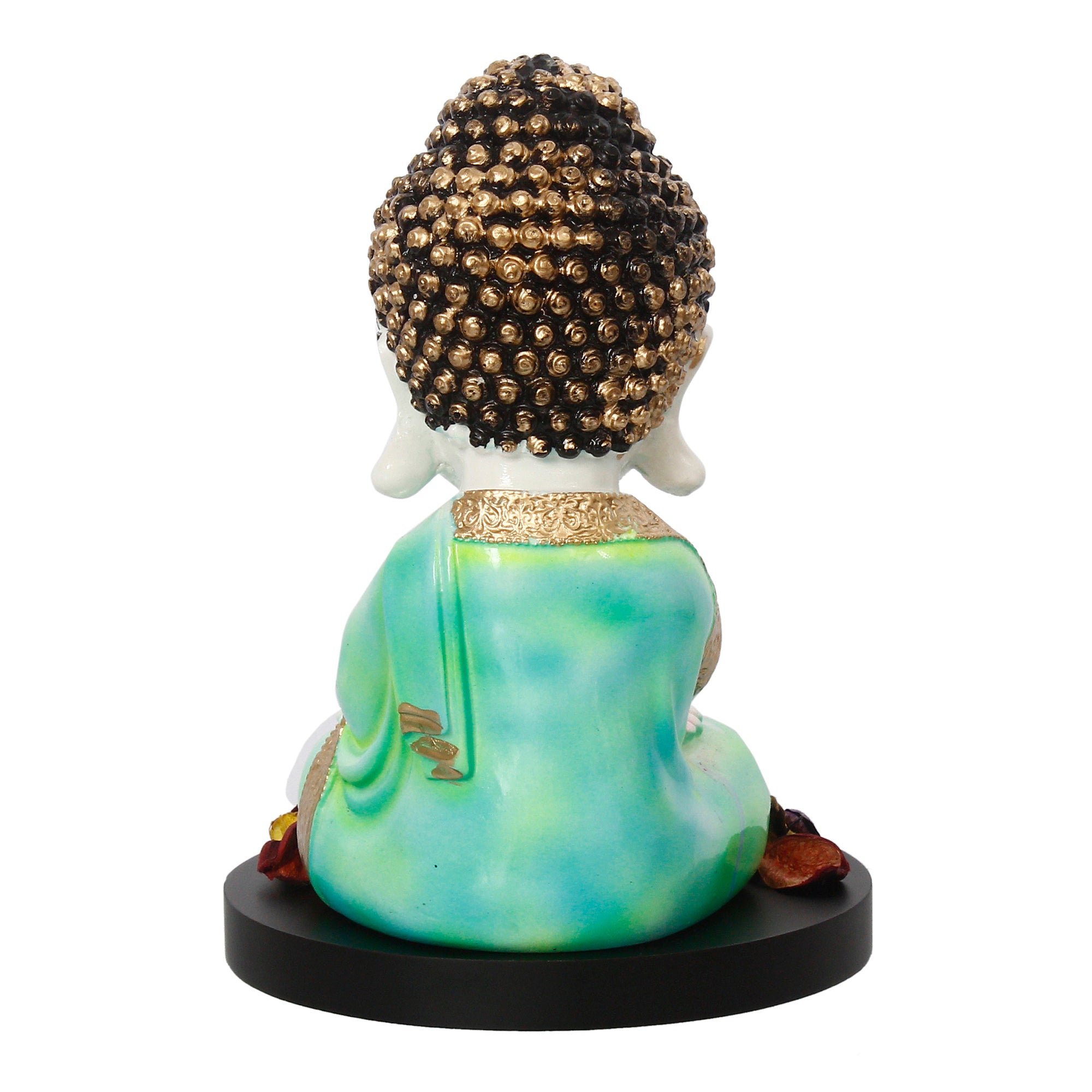 Polyresin Green and White Praying Monk Buddha Statue with Wooden Base, Fragranced Petals and Tealight 6