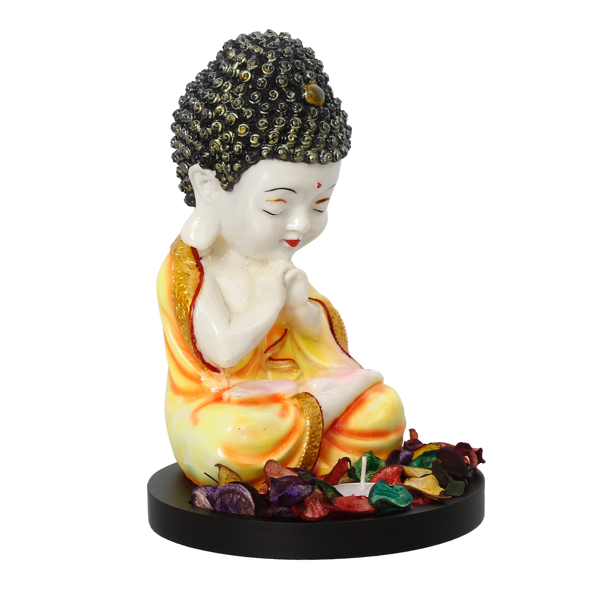 Polyresin Yellow and White Praying Monk Buddha Idol with Wooden Base, Fragranced Petals and Tealight 1