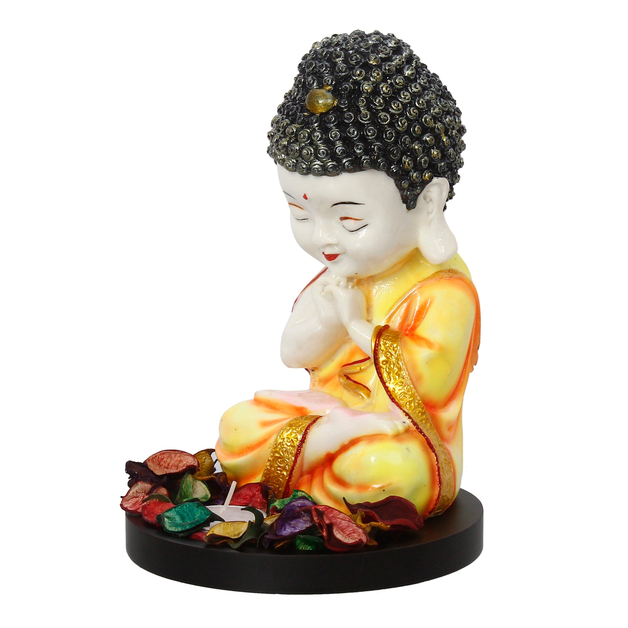 Polyresin Yellow and White Praying Monk Buddha Idol with Wooden Base, Fragranced Petals and Tealight 2