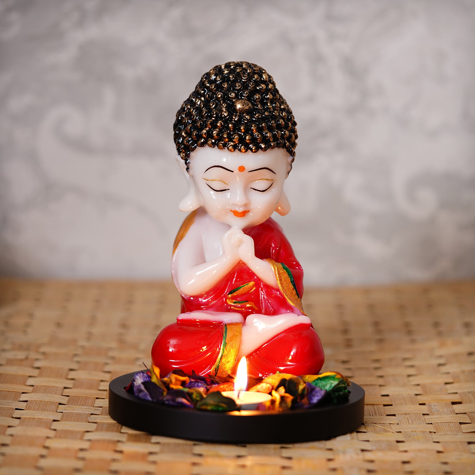Designer Pearl Rakhi with Praying Red Monk Buddha with Wooden Base, Fragranced Petals and Tealight and Roli Chawal Pack, Best Wishes Greeting Card 2