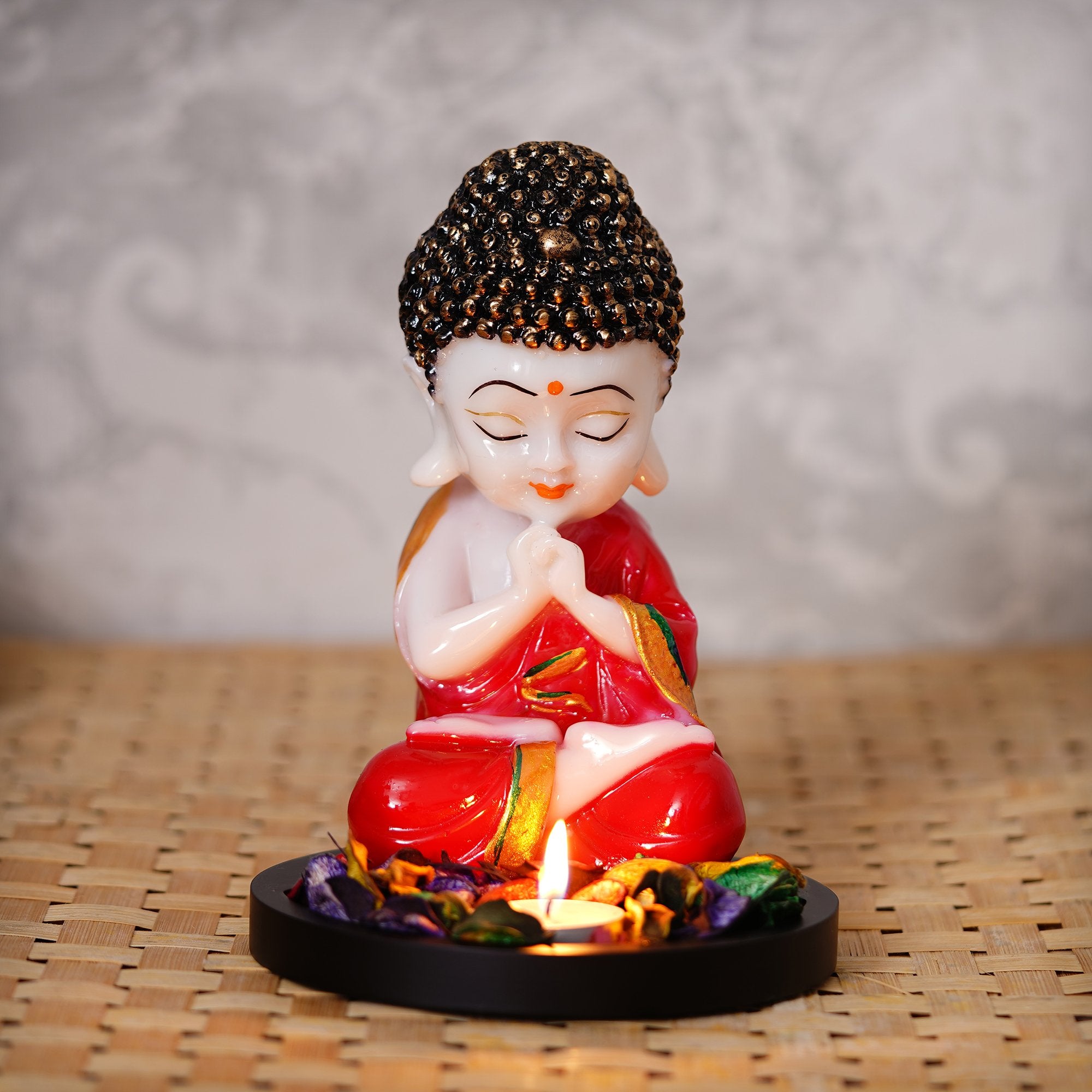 Designer Peacock Rakhi with Praying Red Monk Buddha with Wooden Base, Fragranced Petals and Tealight and Roli Chawal Pack, Best Wishes Greeting Card 2