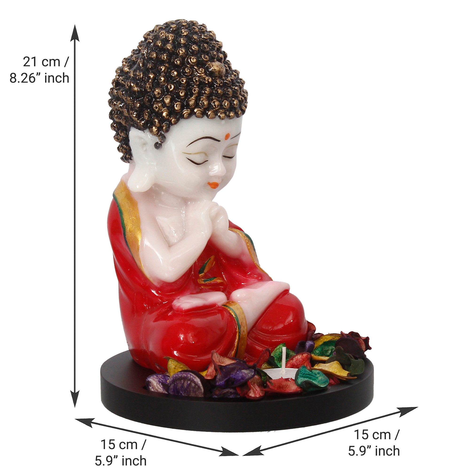 Designer Pearl Rakhi with Praying Red Monk Buddha with Wooden Base, Fragranced Petals and Tealight and Roli Chawal Pack, Best Wishes Greeting Card 3