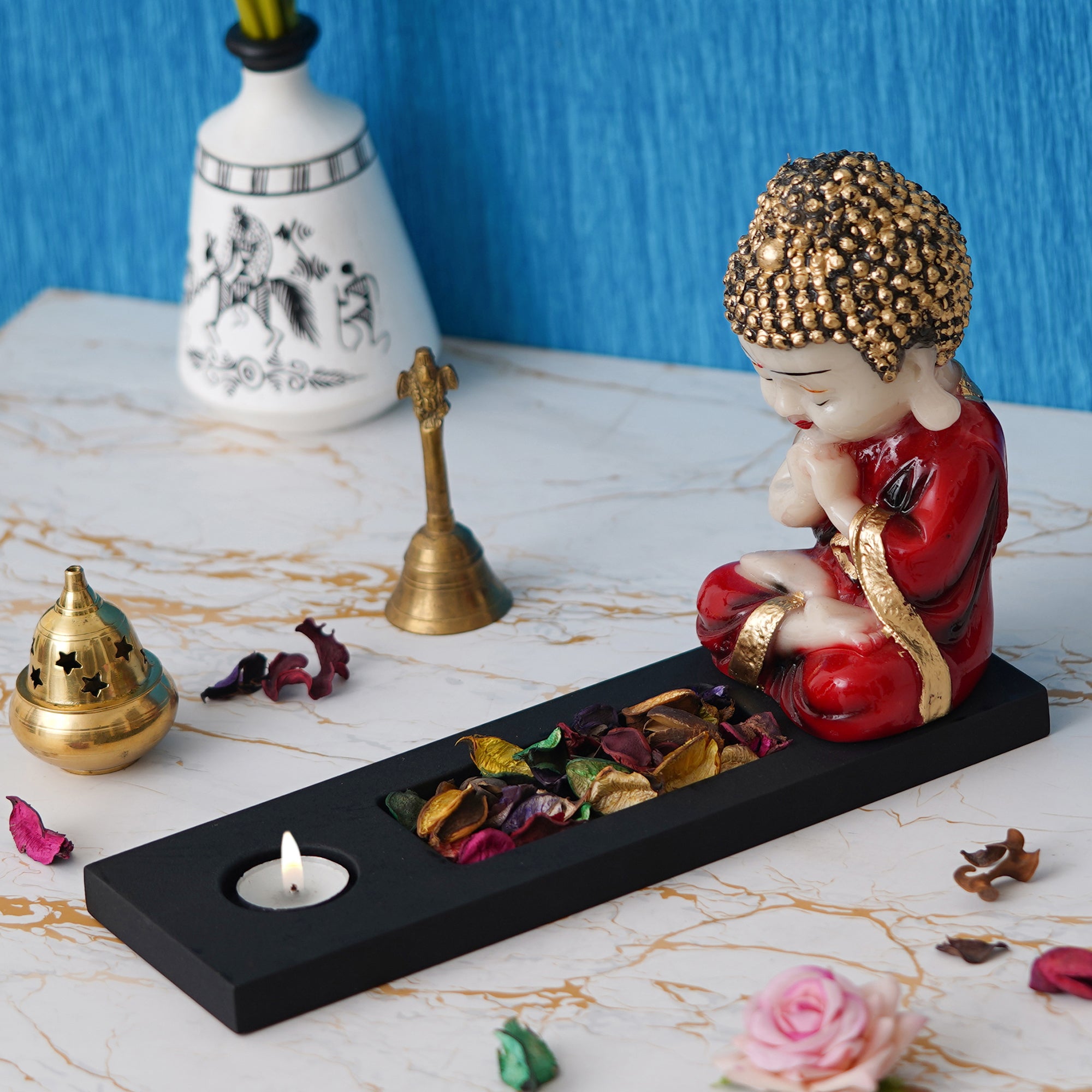 Red, Gold & Black Polyresin Praying Monk Showpiece with Rectangle Wooden Base, Fragranced Petals & Tealight 1