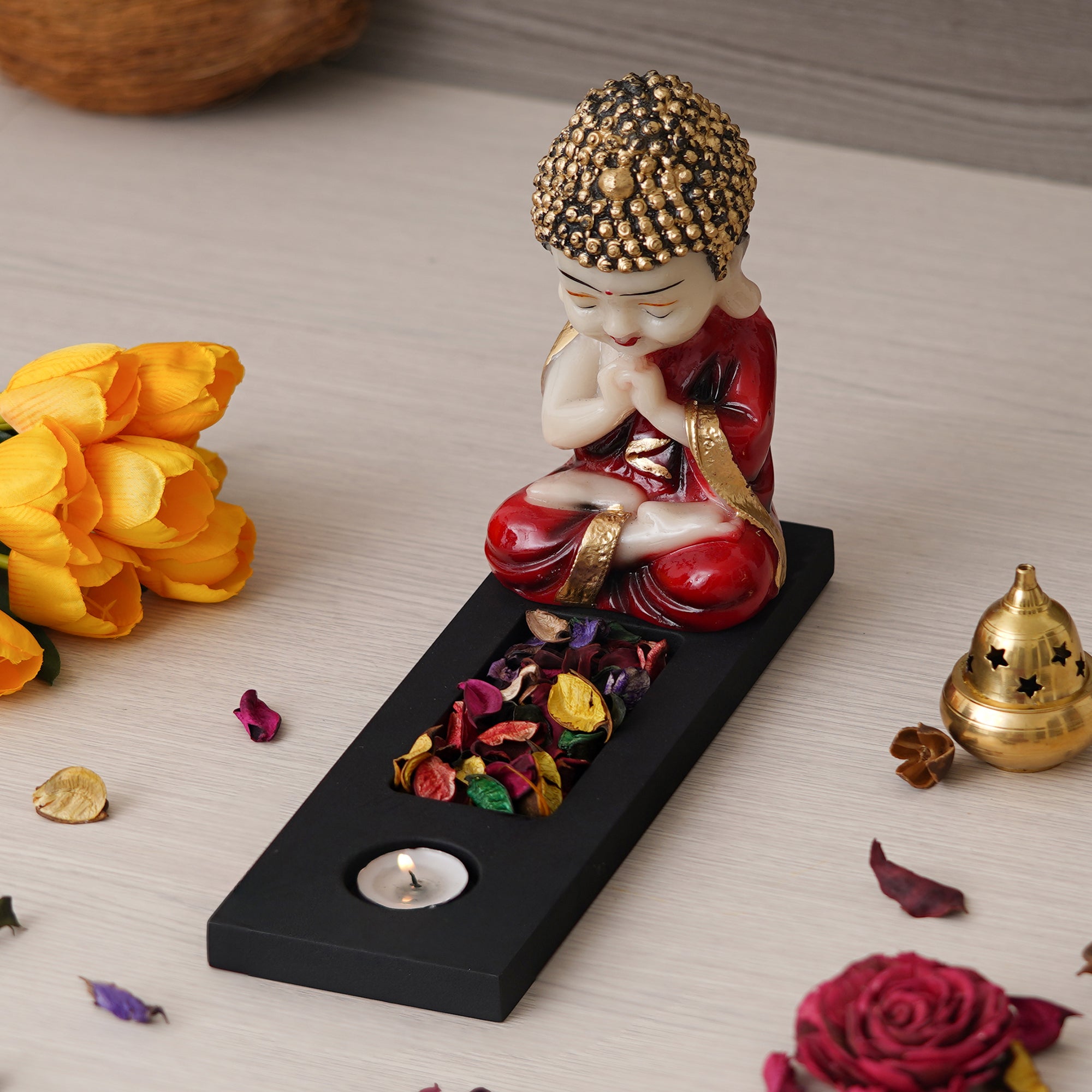 Red, Gold & Black Polyresin Praying Monk Showpiece with Rectangle Wooden Base, Fragranced Petals & Tealight 2
