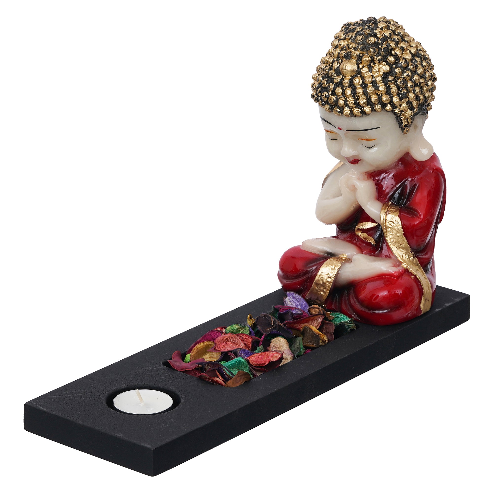 Red, Gold & Black Polyresin Praying Monk Showpiece with Rectangle Wooden Base, Fragranced Petals & Tealight 3