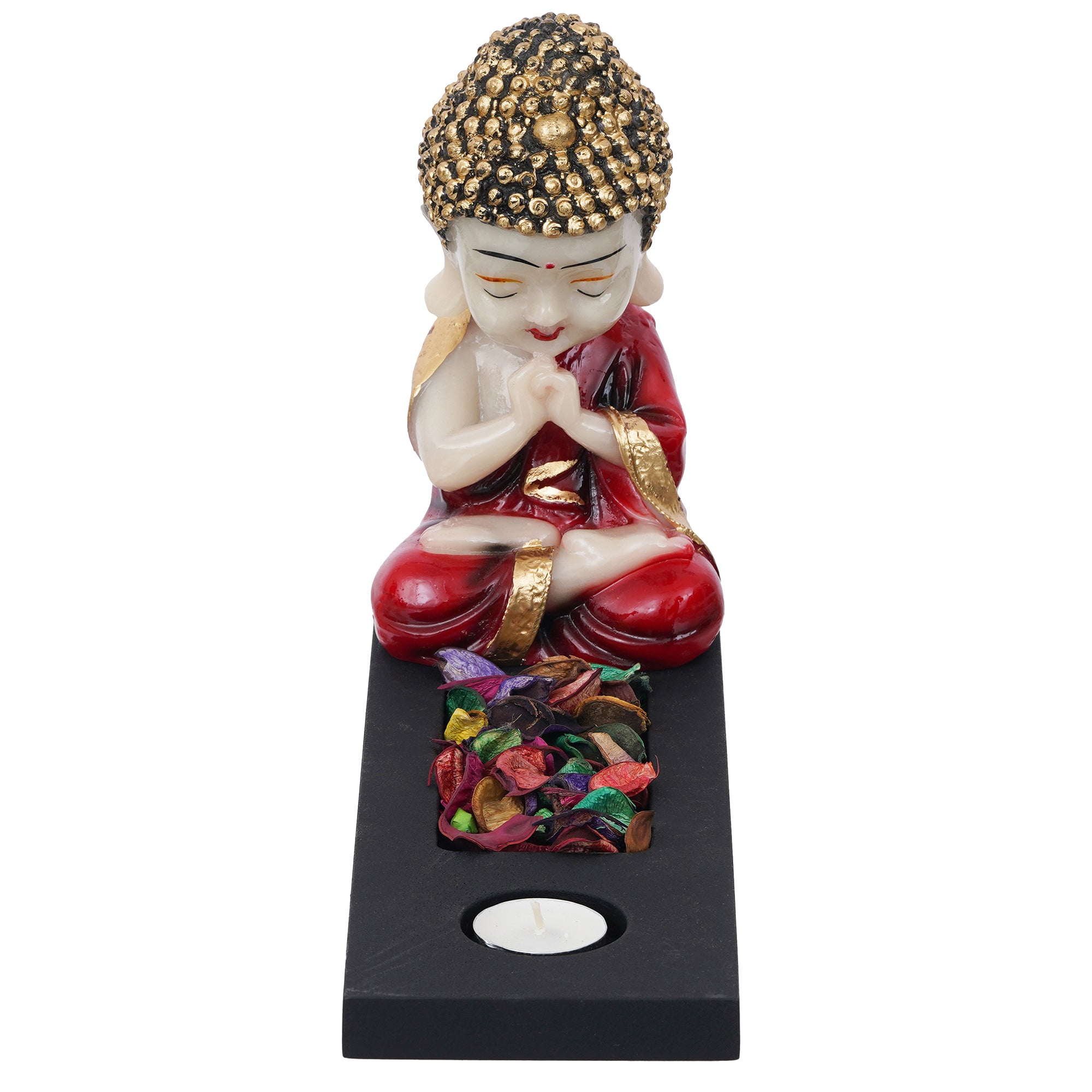 Red, Gold & Black Polyresin Praying Monk Showpiece with Rectangle Wooden Base, Fragranced Petals & Tealight 4