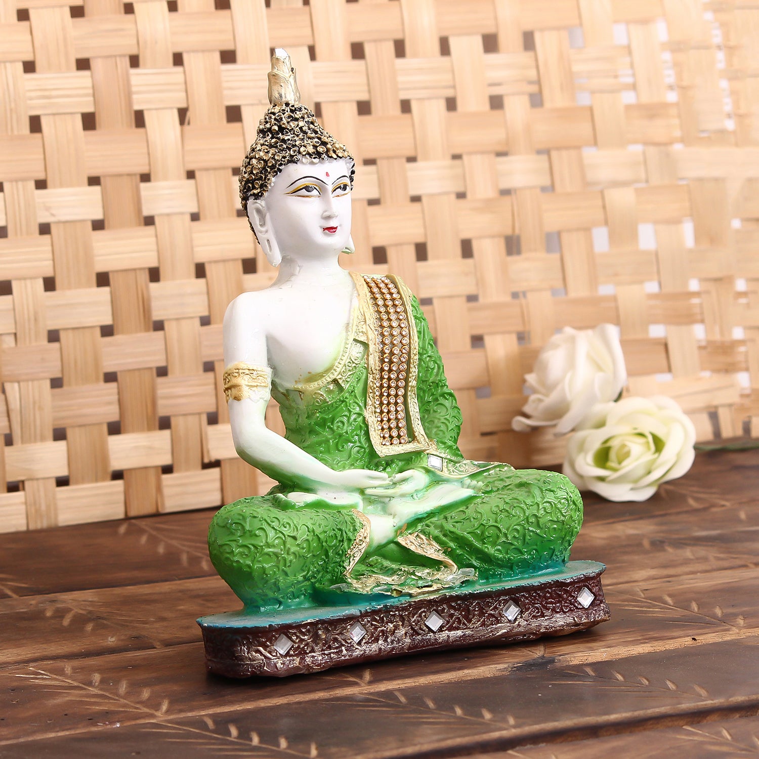 Polyresin Green and White Decorative Meditating Buddha Statue