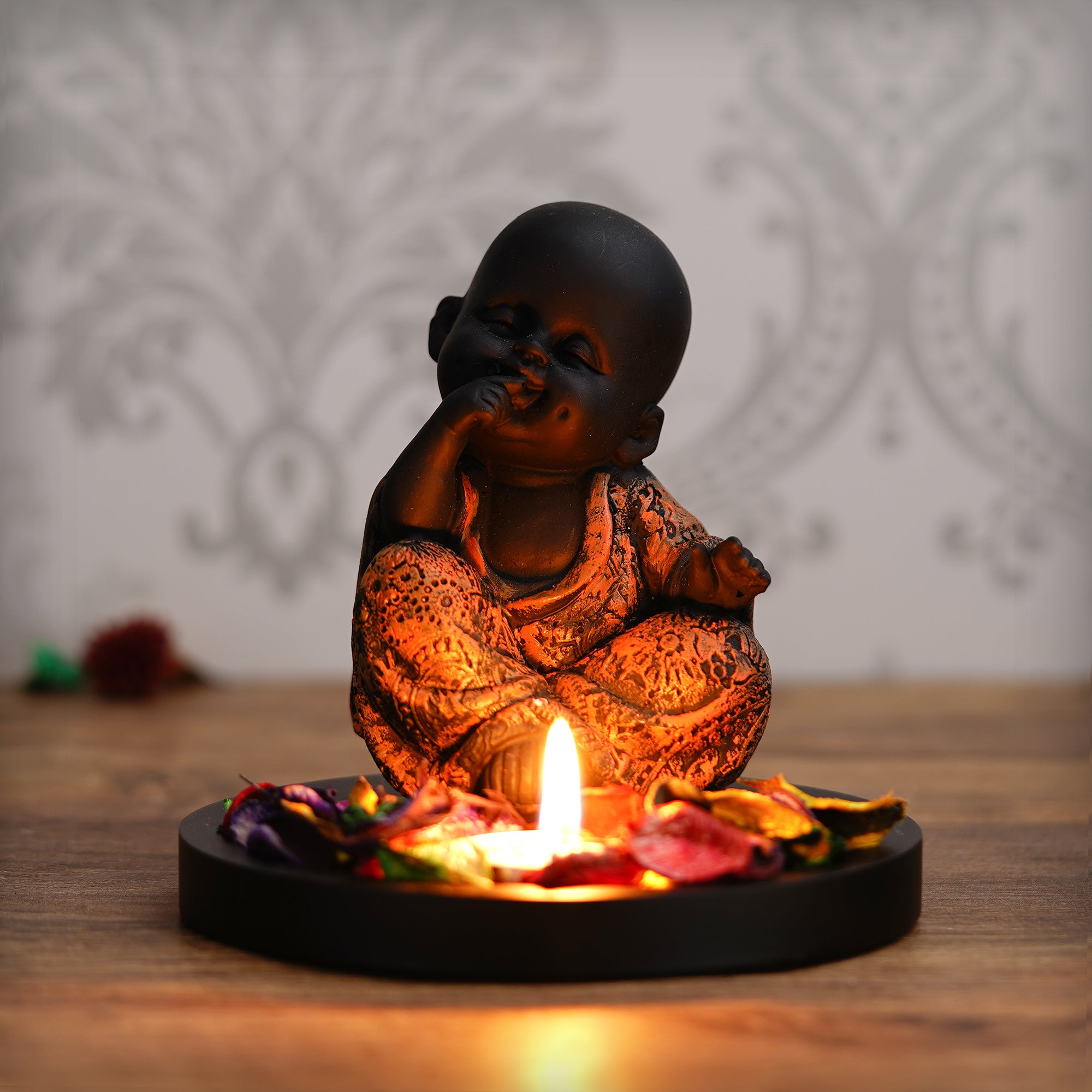Decorative Smiling Copper Monk Buddha with Wooden Base, Fragranced Petals and Tealight 1