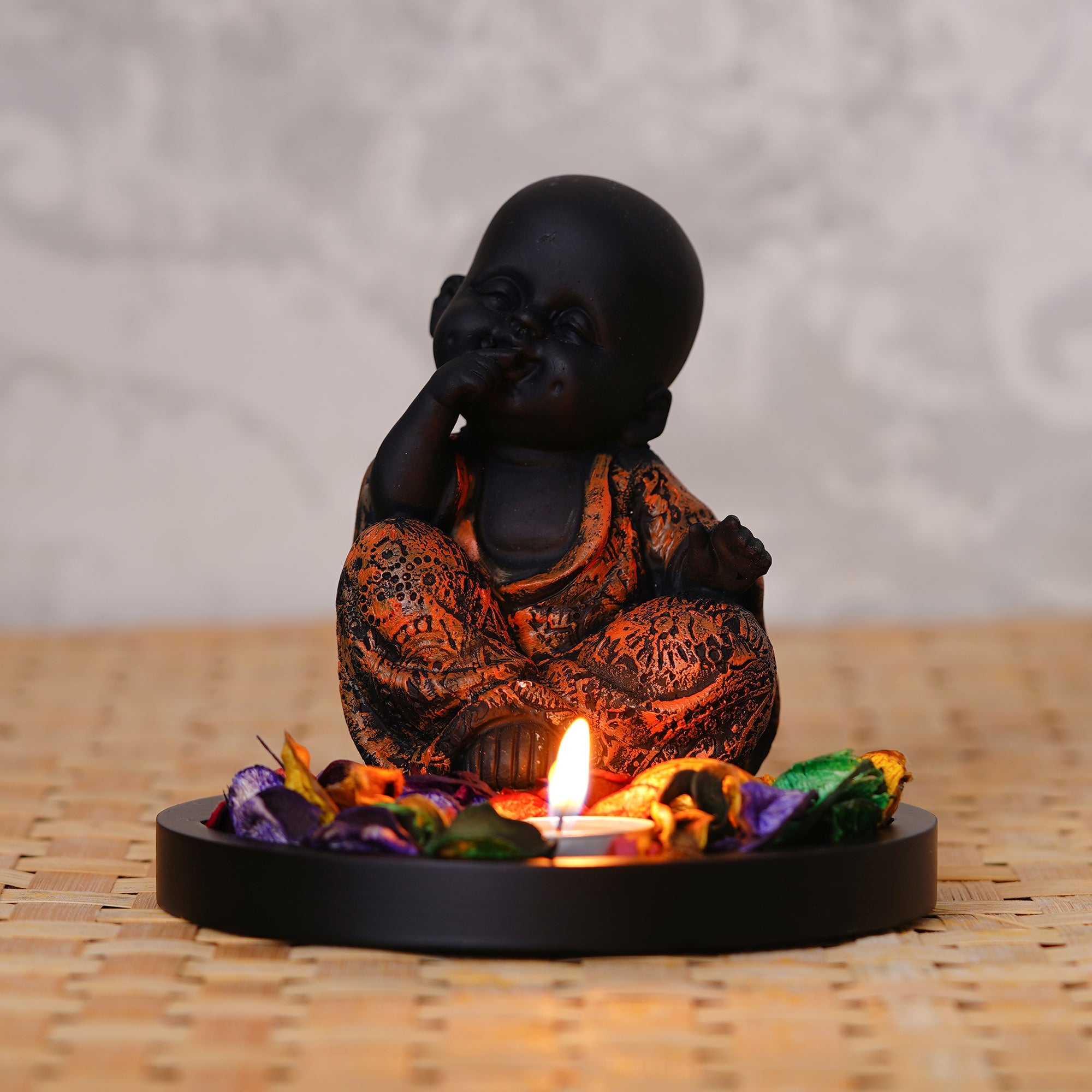 Decorative Smiling Copper Monk Buddha with Wooden Base, Fragranced Petals and Tealight