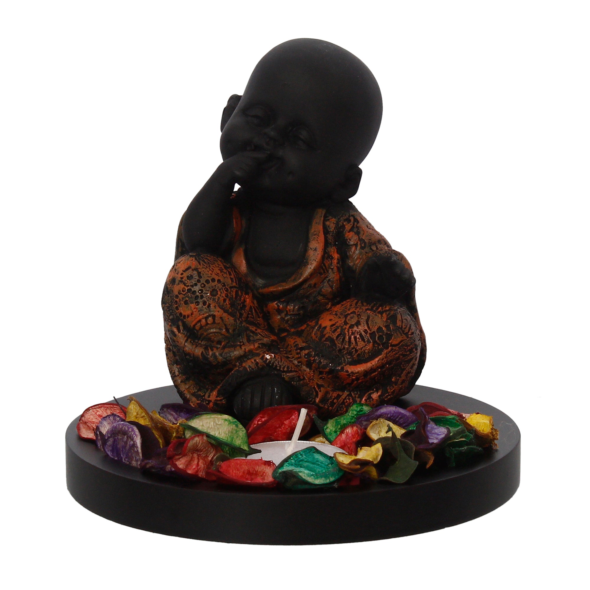 Decorative Smiling Copper Monk Buddha with Wooden Base, Fragranced Petals and Tealight 2