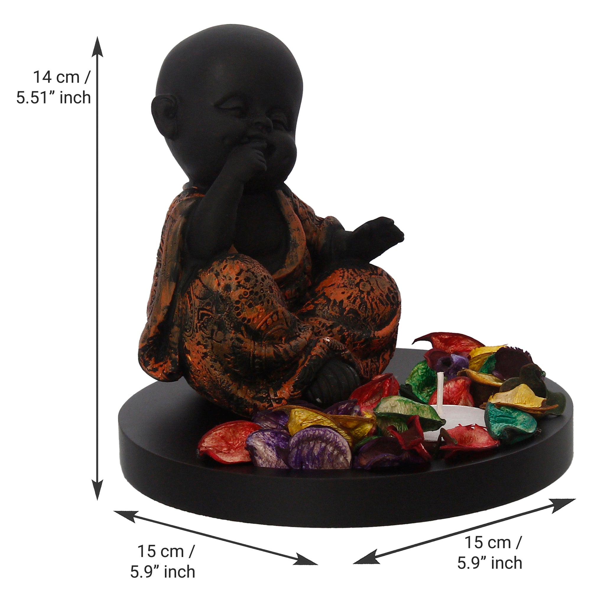 Decorative Smiling Copper Monk Buddha with Wooden Base, Fragranced Petals and Tealight 3