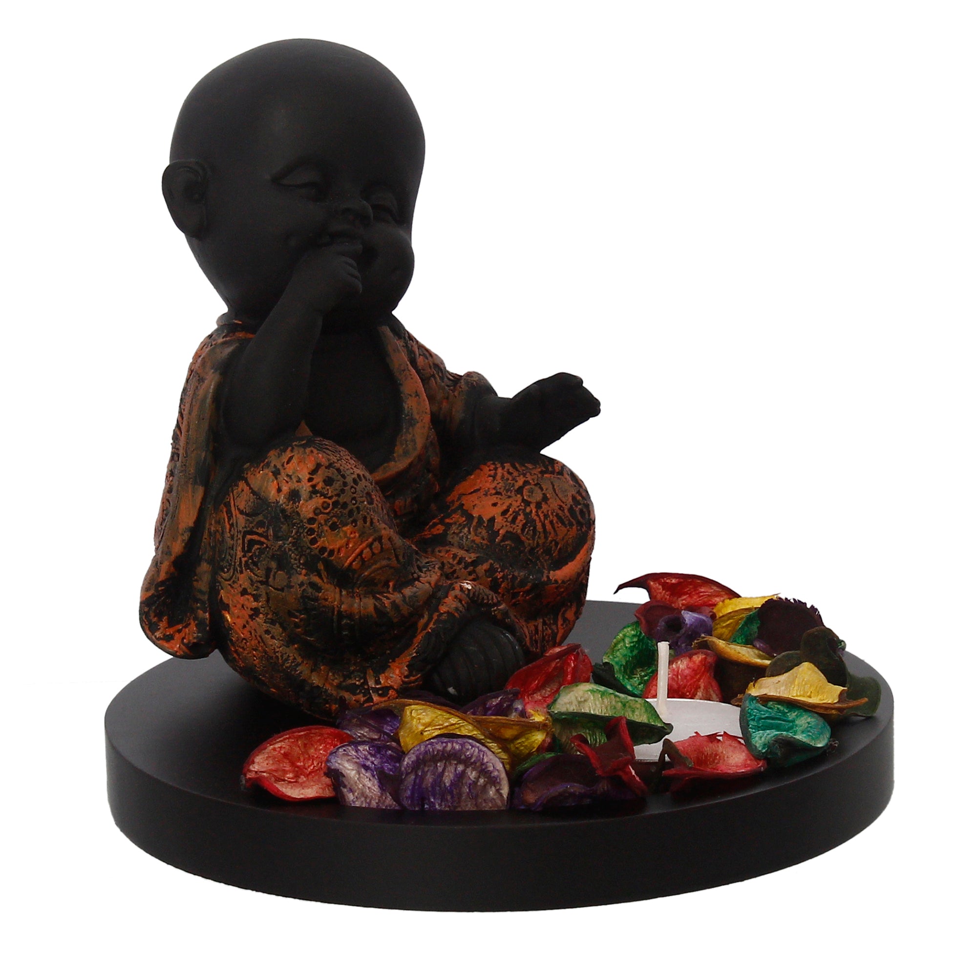 Decorative Smiling Copper Monk Buddha with Wooden Base, Fragranced Petals and Tealight 4