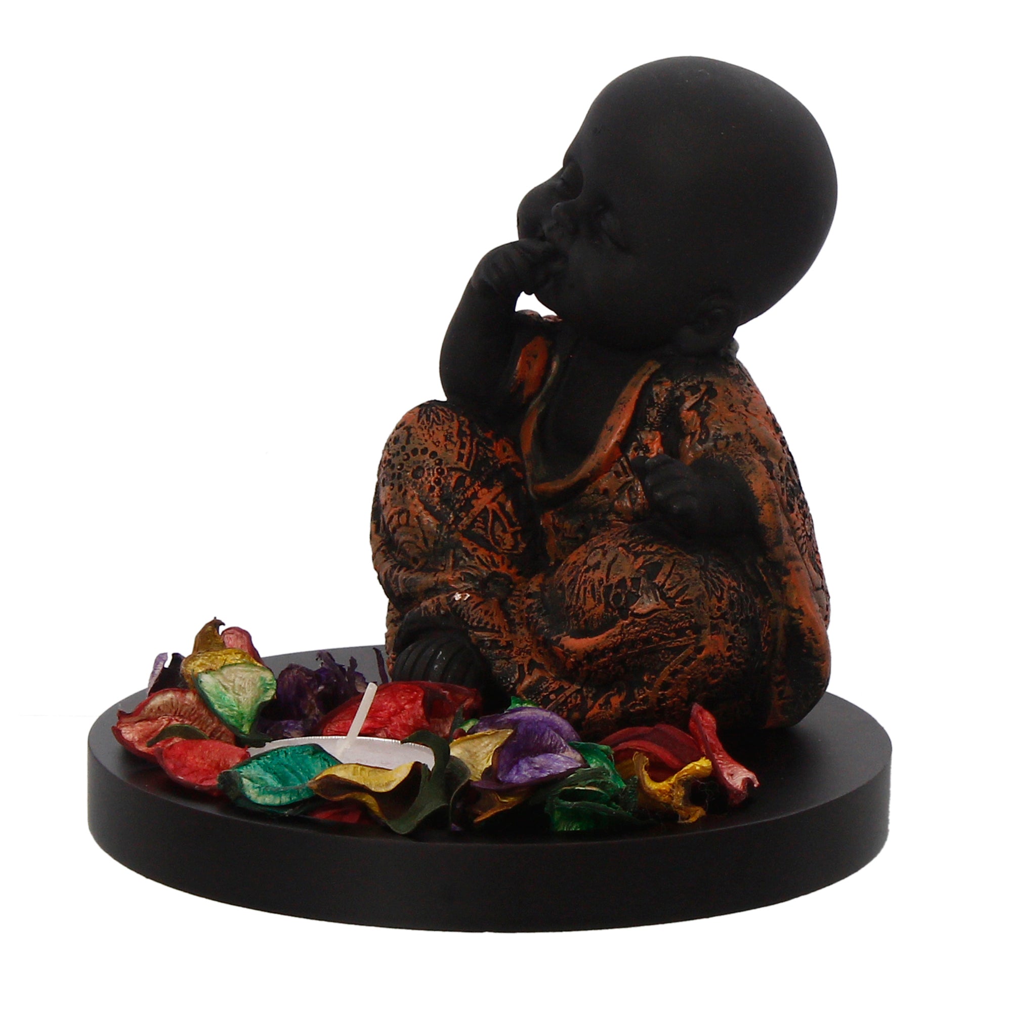 Decorative Smiling Copper Monk Buddha with Wooden Base, Fragranced Petals and Tealight 5