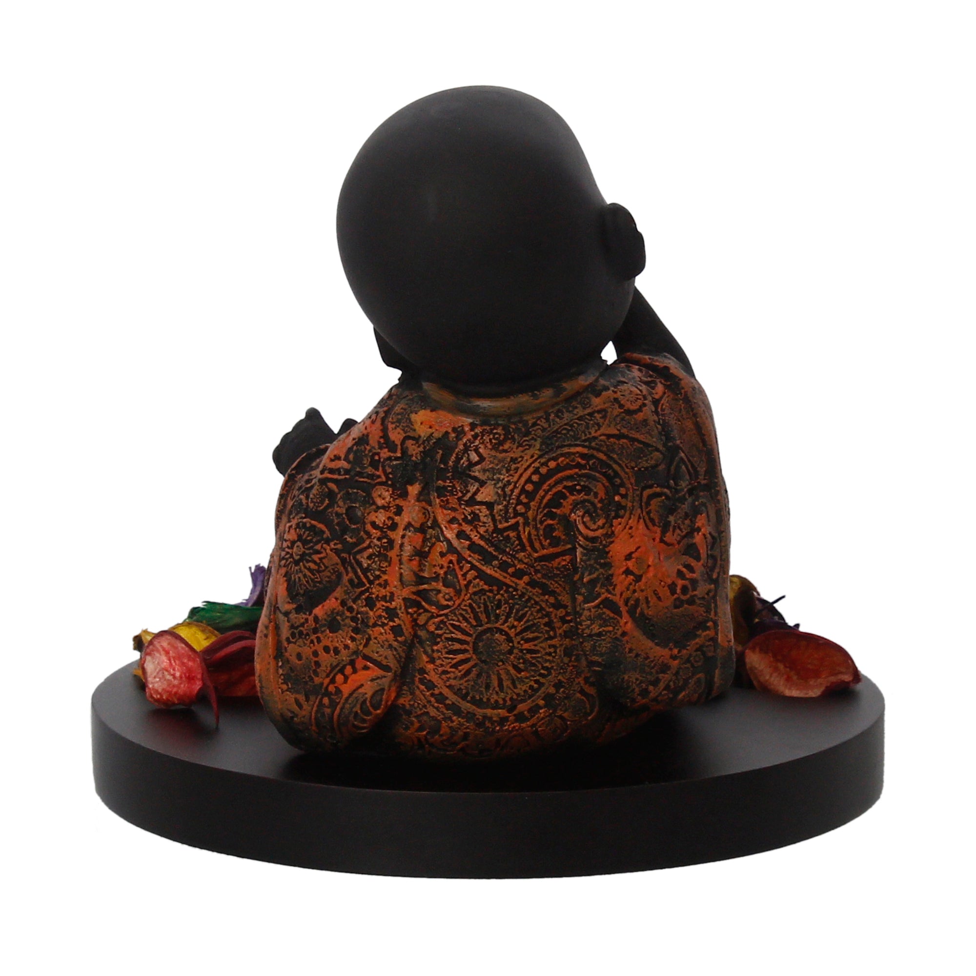 Decorative Smiling Copper Monk Buddha with Wooden Base, Fragranced Petals and Tealight 6