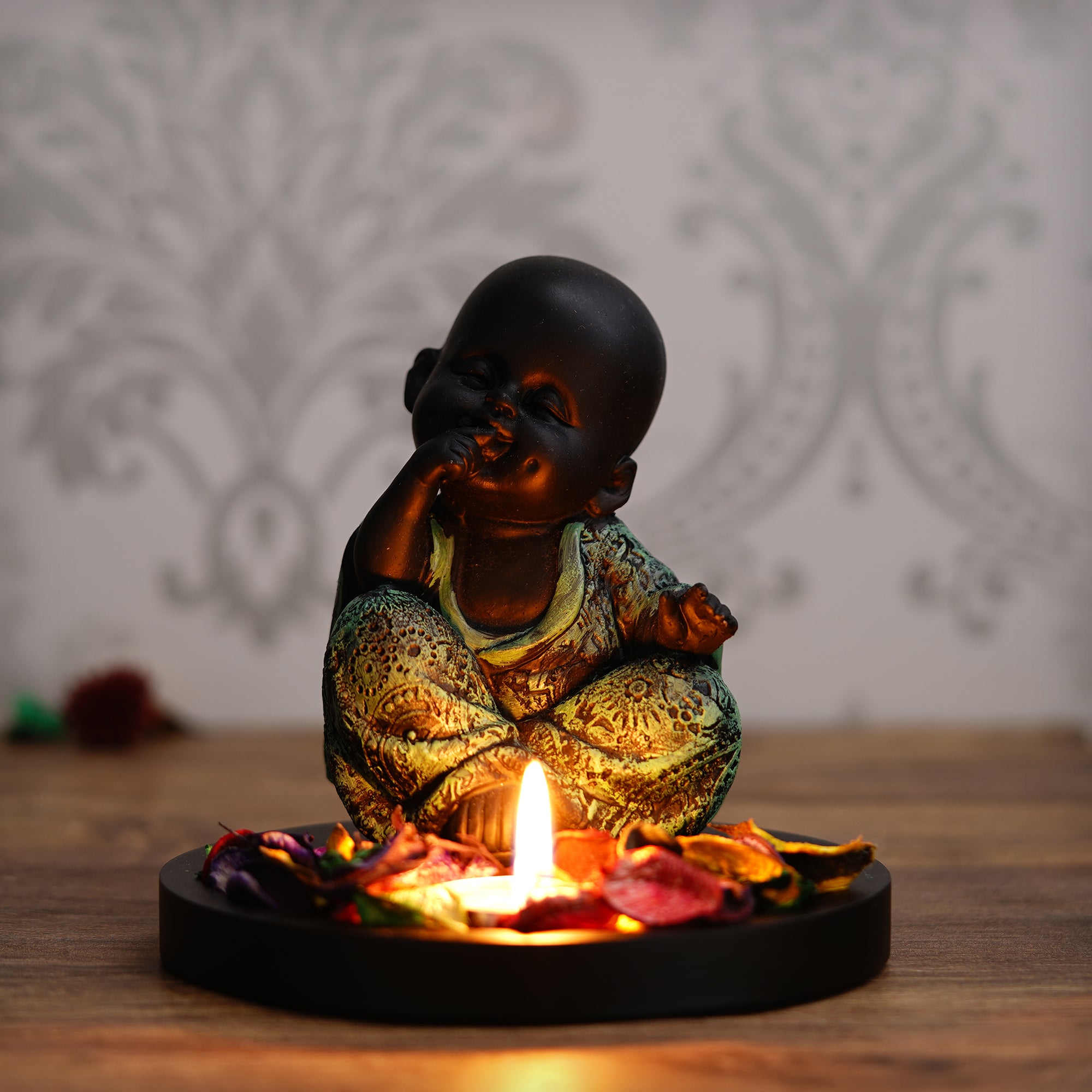 Decorative Smiling Green Monk Buddha with Wooden Base, Fragranced Petals and Tealight 1