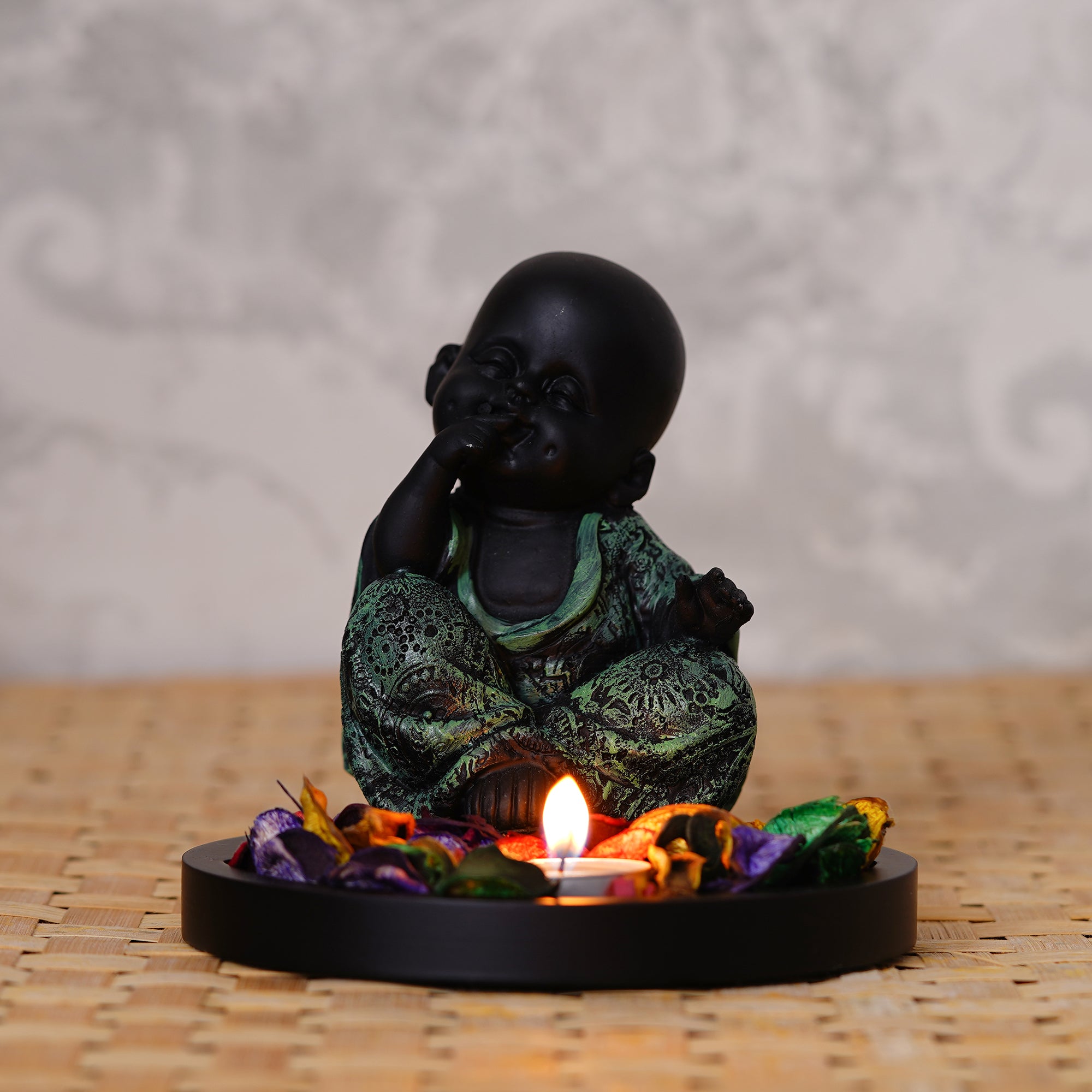 Decorative Smiling Green Monk Buddha with Wooden Base, Fragranced Petals and Tealight