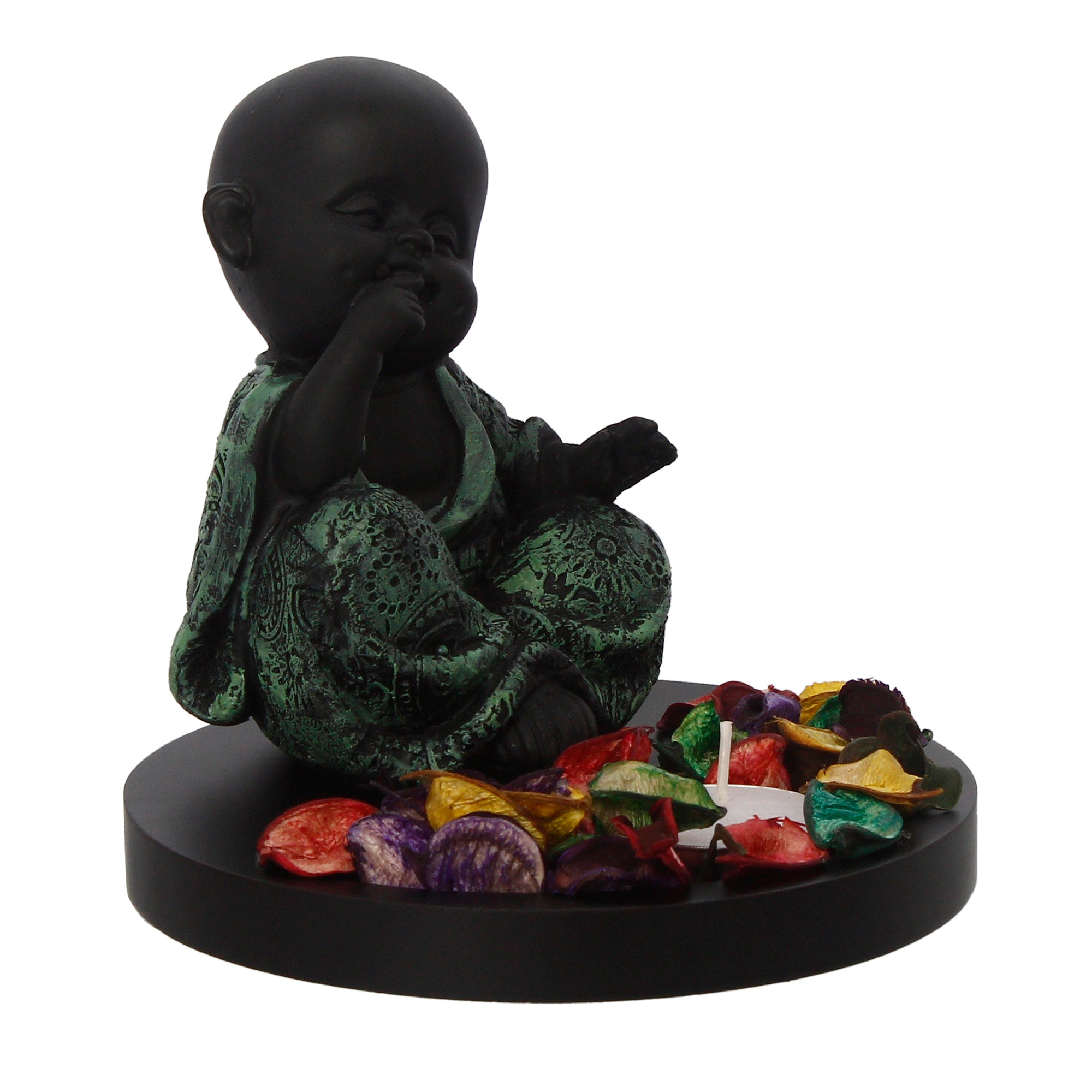 Decorative Smiling Green Monk Buddha with Wooden Base, Fragranced Petals and Tealight 3