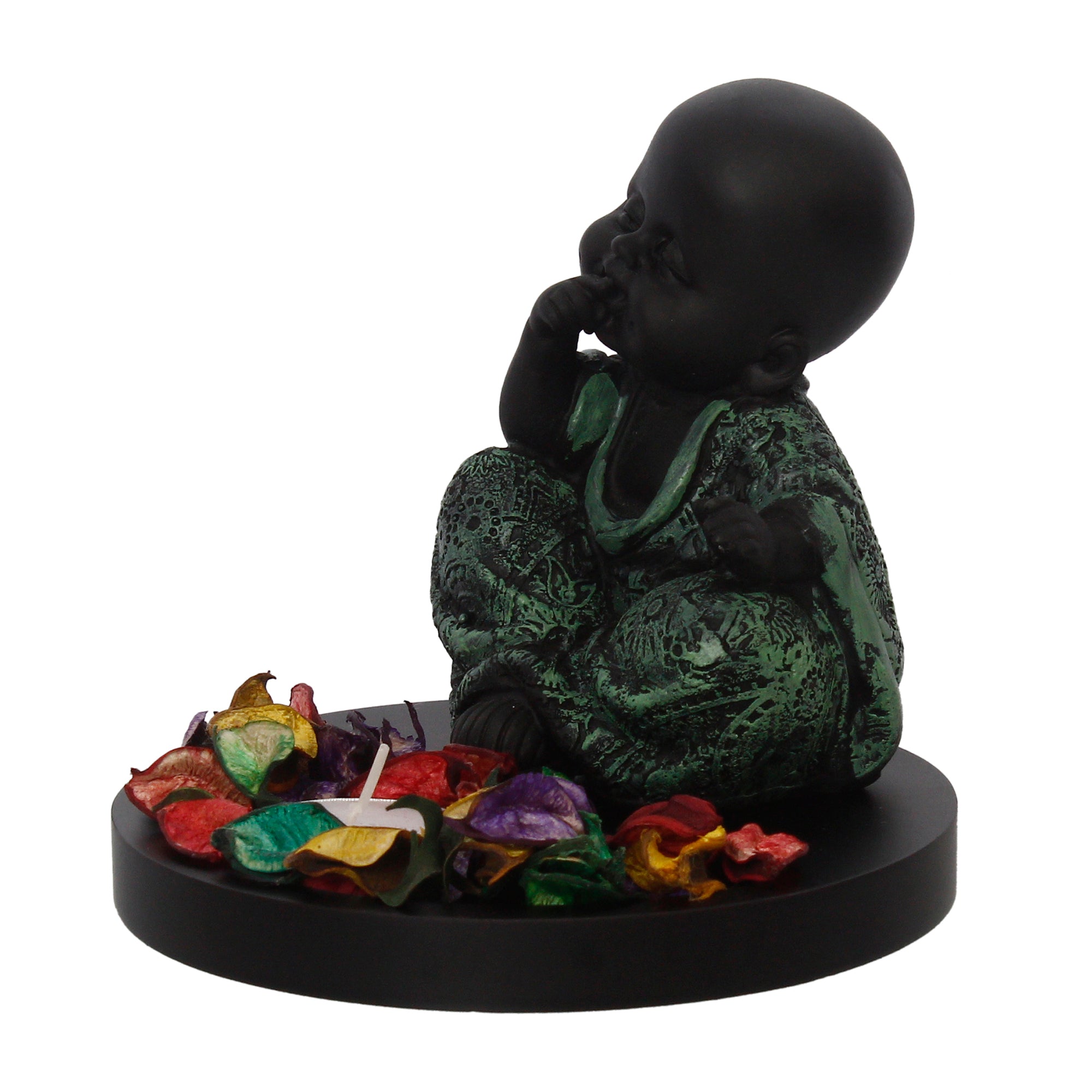 Decorative Smiling Green Monk Buddha with Wooden Base, Fragranced Petals and Tealight 4