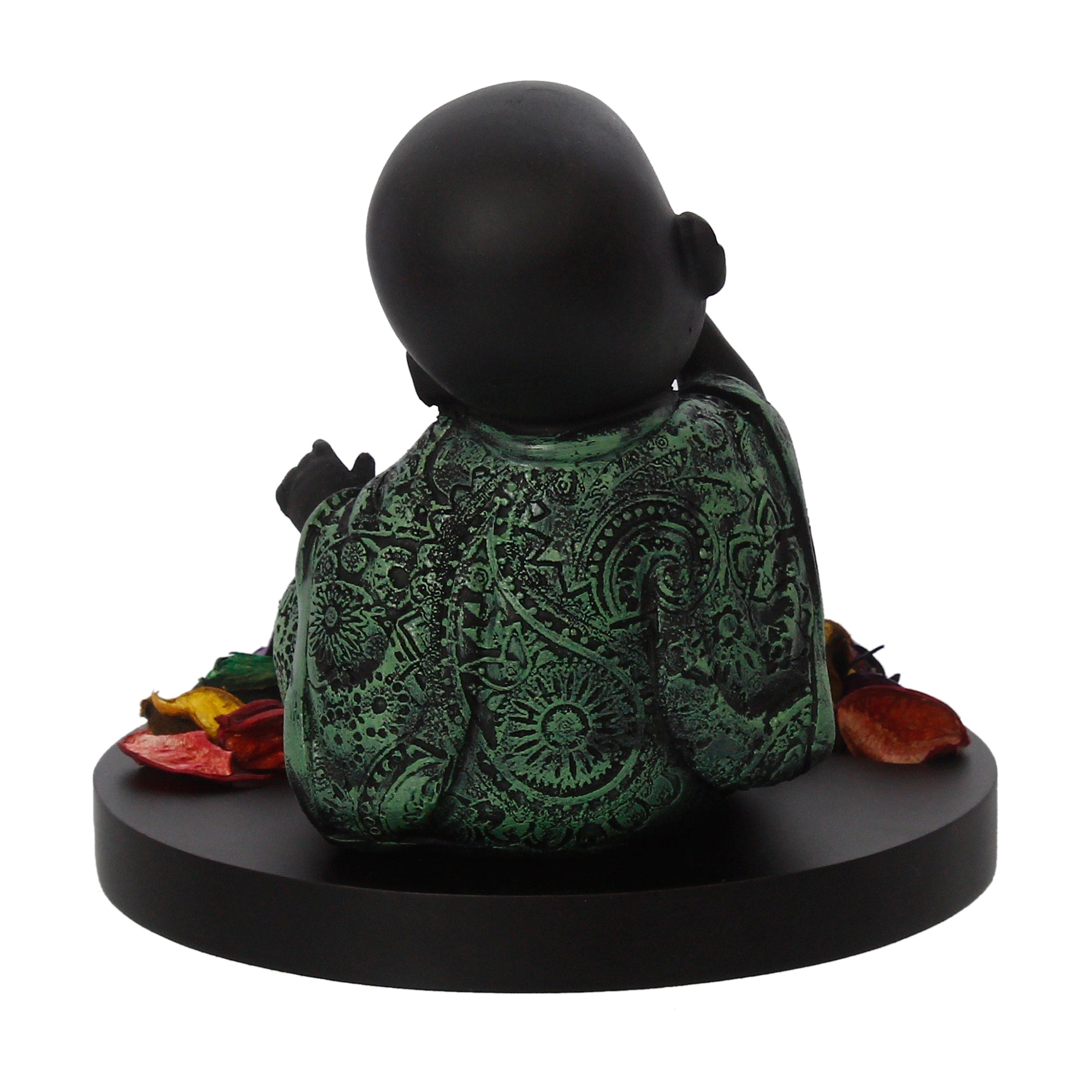 Decorative Smiling Green Monk Buddha with Wooden Base, Fragranced Petals and Tealight 5
