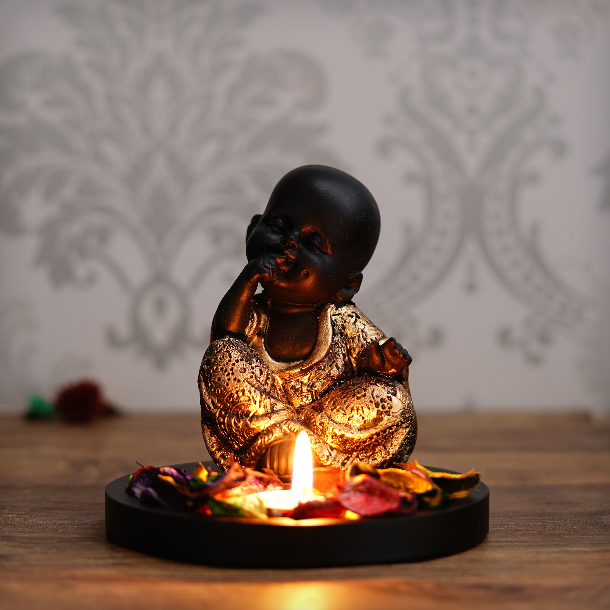 Decorative Smiling Golden Monk Buddha with Wooden Base, Fragranced Petals and Tealight 1