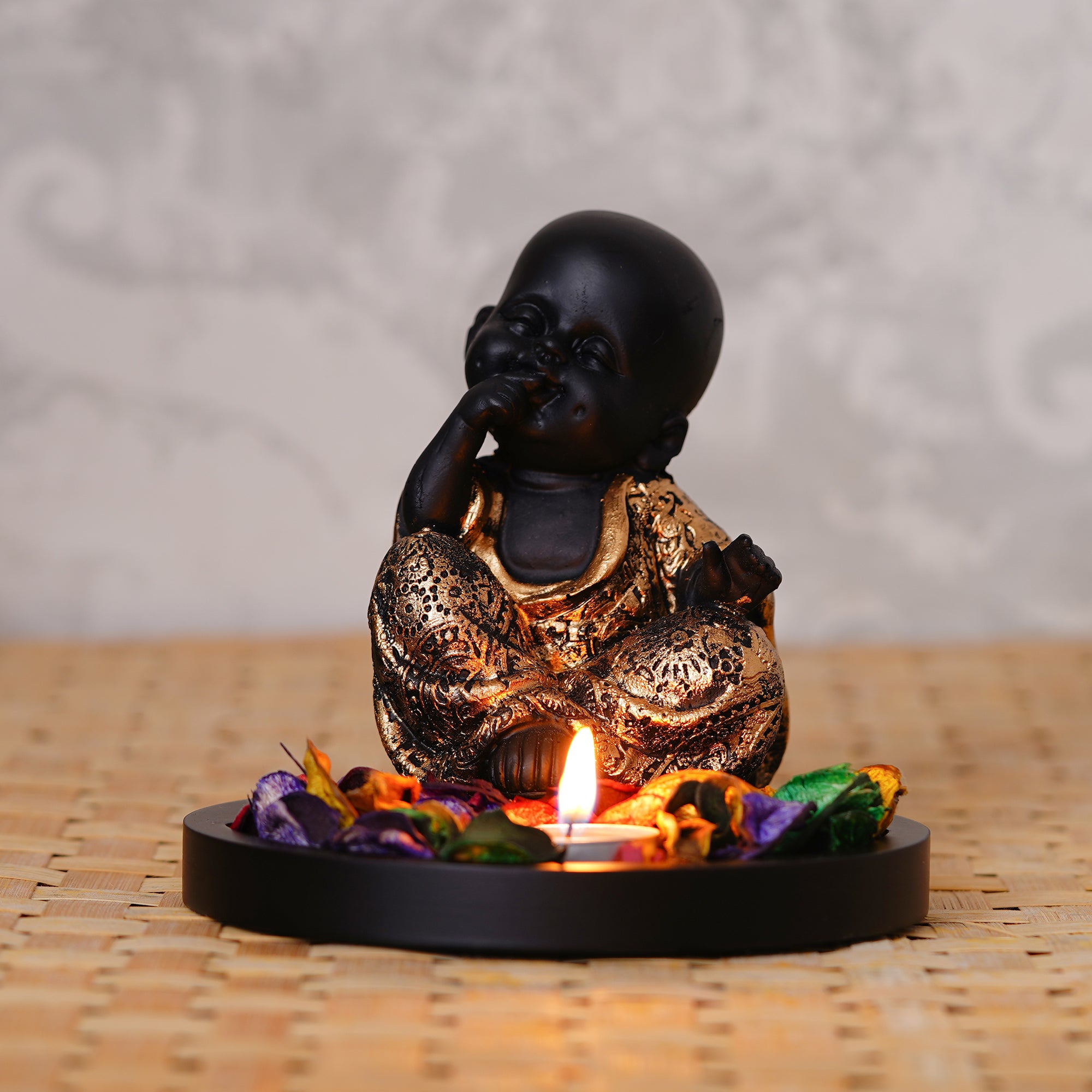 Decorative Smiling Golden Monk Buddha with Wooden Base, Fragranced Petals and Tealight