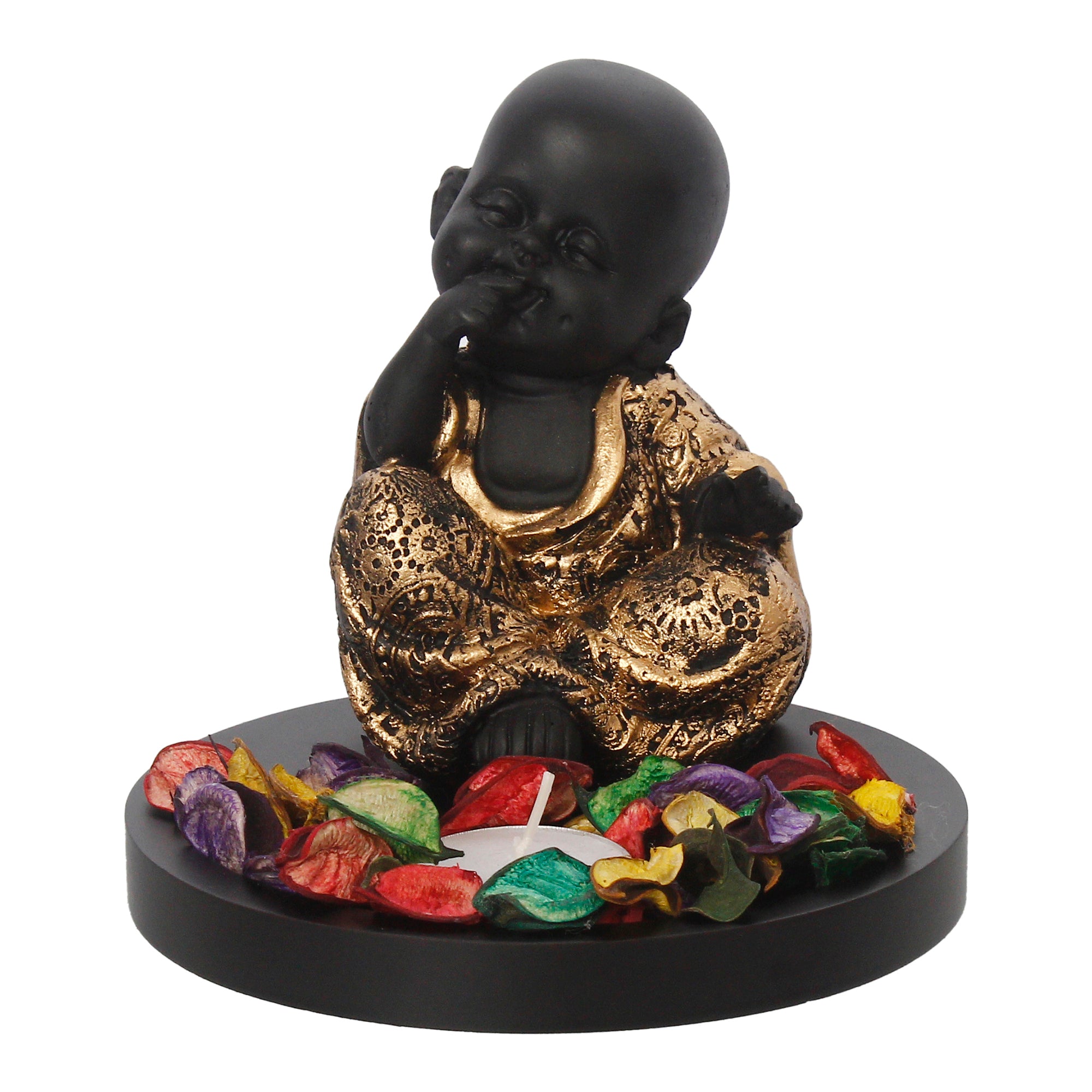 Decorative Smiling Golden Monk Buddha with Wooden Base, Fragranced Petals and Tealight 2
