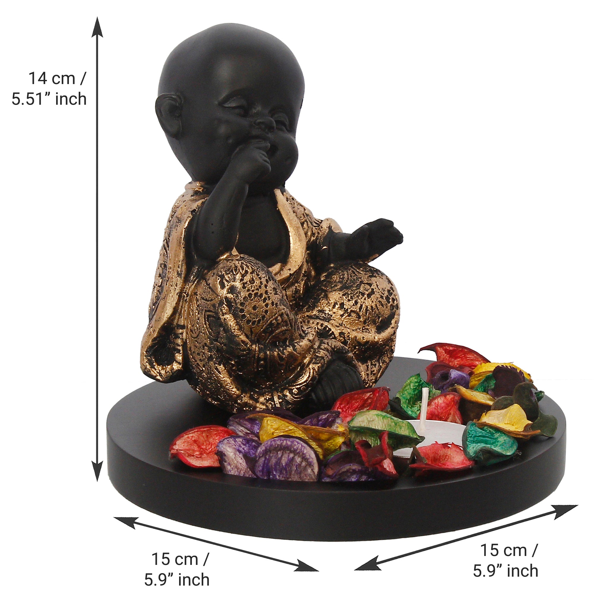 Decorative Smiling Golden Monk Buddha with Wooden Base, Fragranced Petals and Tealight 3